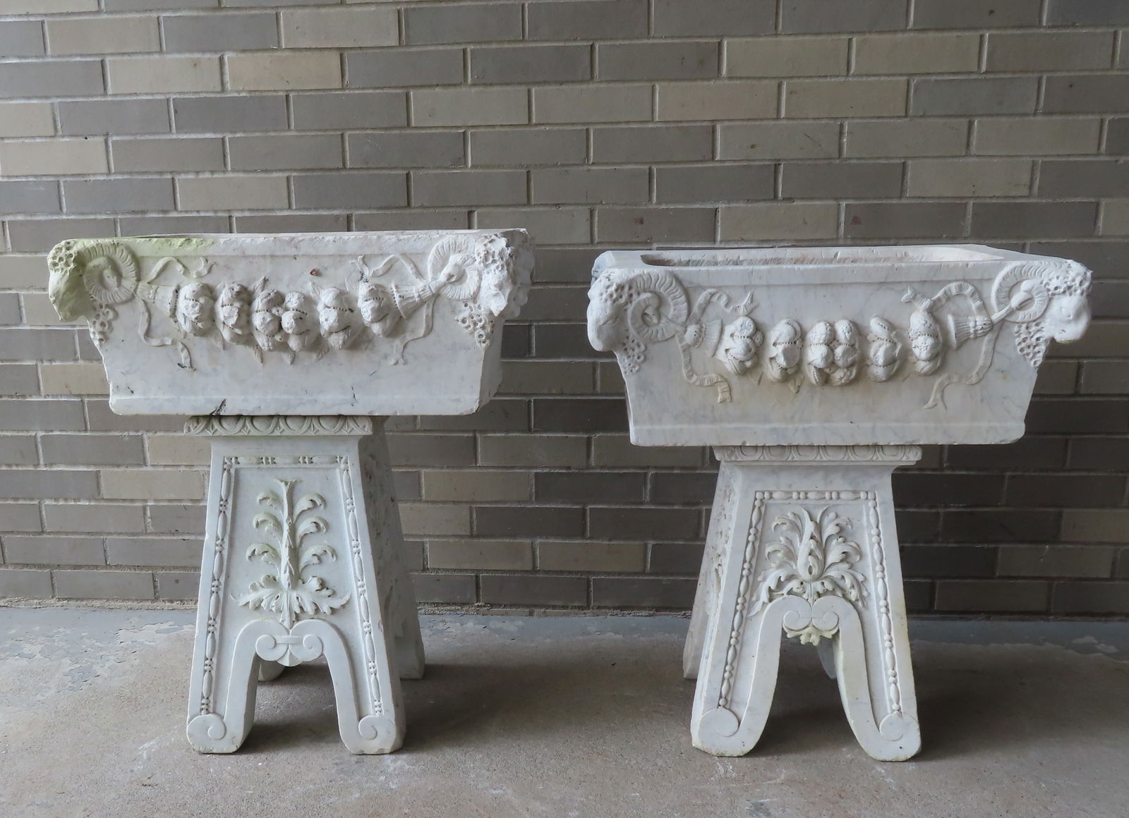 Two impressive hand carved marble planters on near matching marble bases, mid 19th century. The (1 of 19)