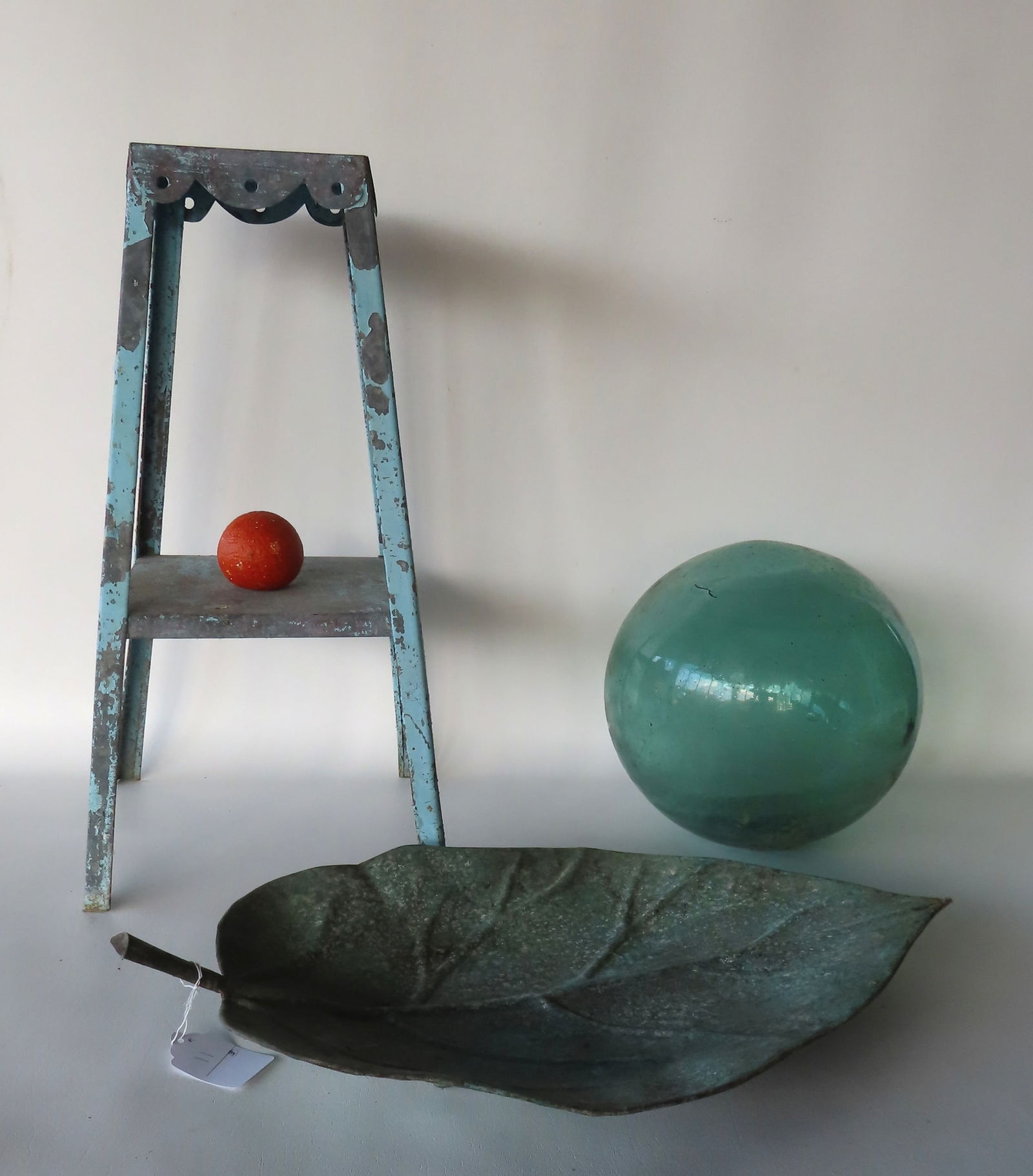 Grouping of 3 garden items including: A hand blown witching ball, probably 19th century in good (1 of 8)