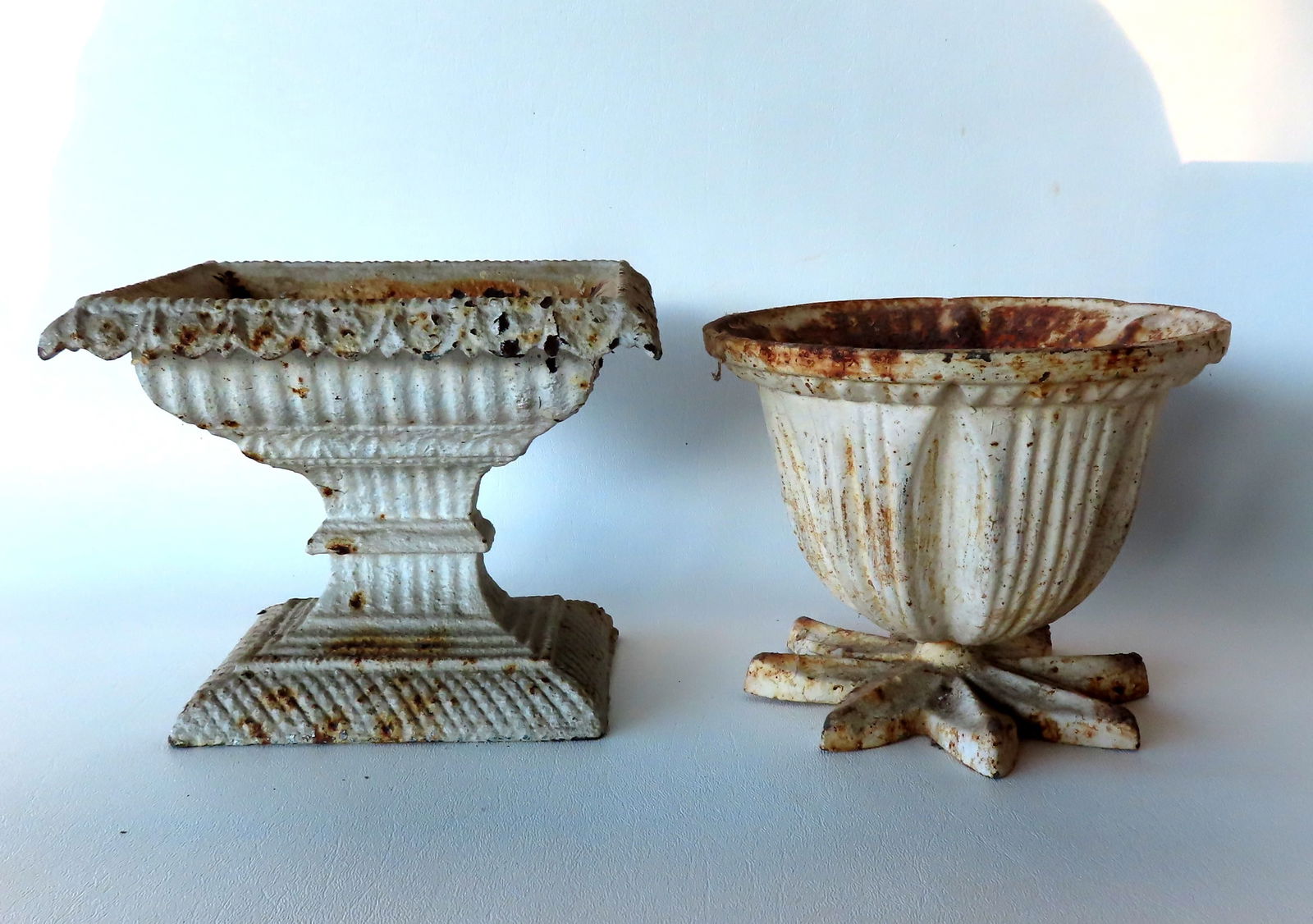 Two small cast iron Victorian planters in old white paint. The largest measures 7"W x 5 1/2"D x 6"H. (1 of 6)