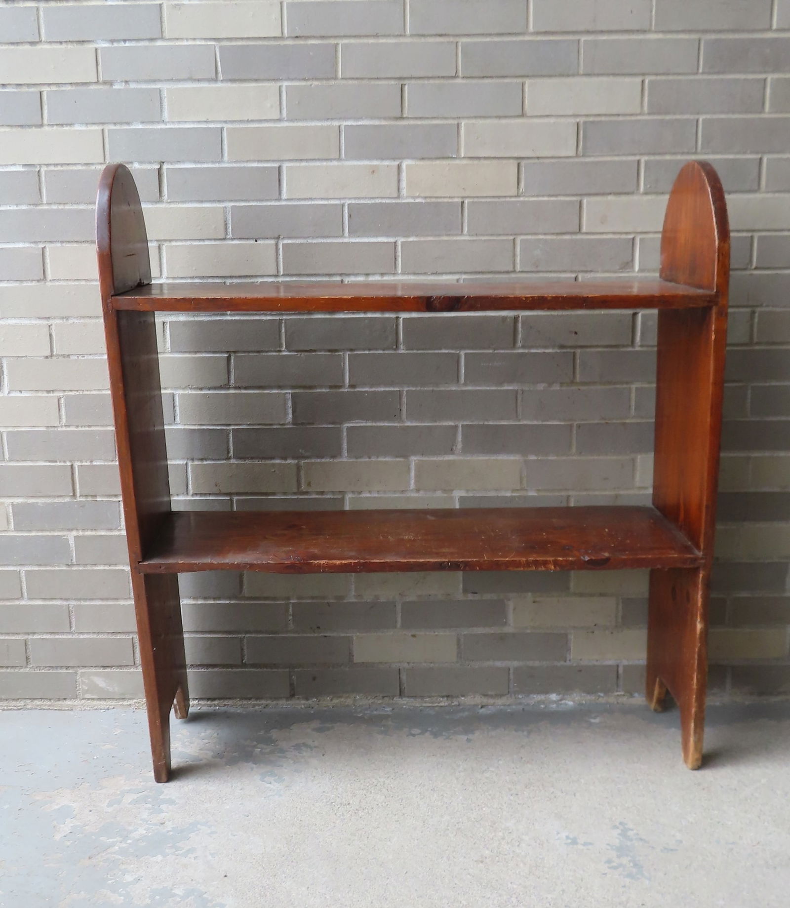 Two tier pine bucket bench with cutout sides, late 19th century - small repair to top shelf, else (1 of 4)