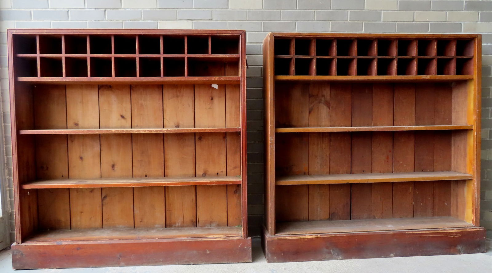 Two country store shelf units, one in natural old varnish finish - 50"W x 9 1/2"D x 49 1/2"H, the (1 of 15)