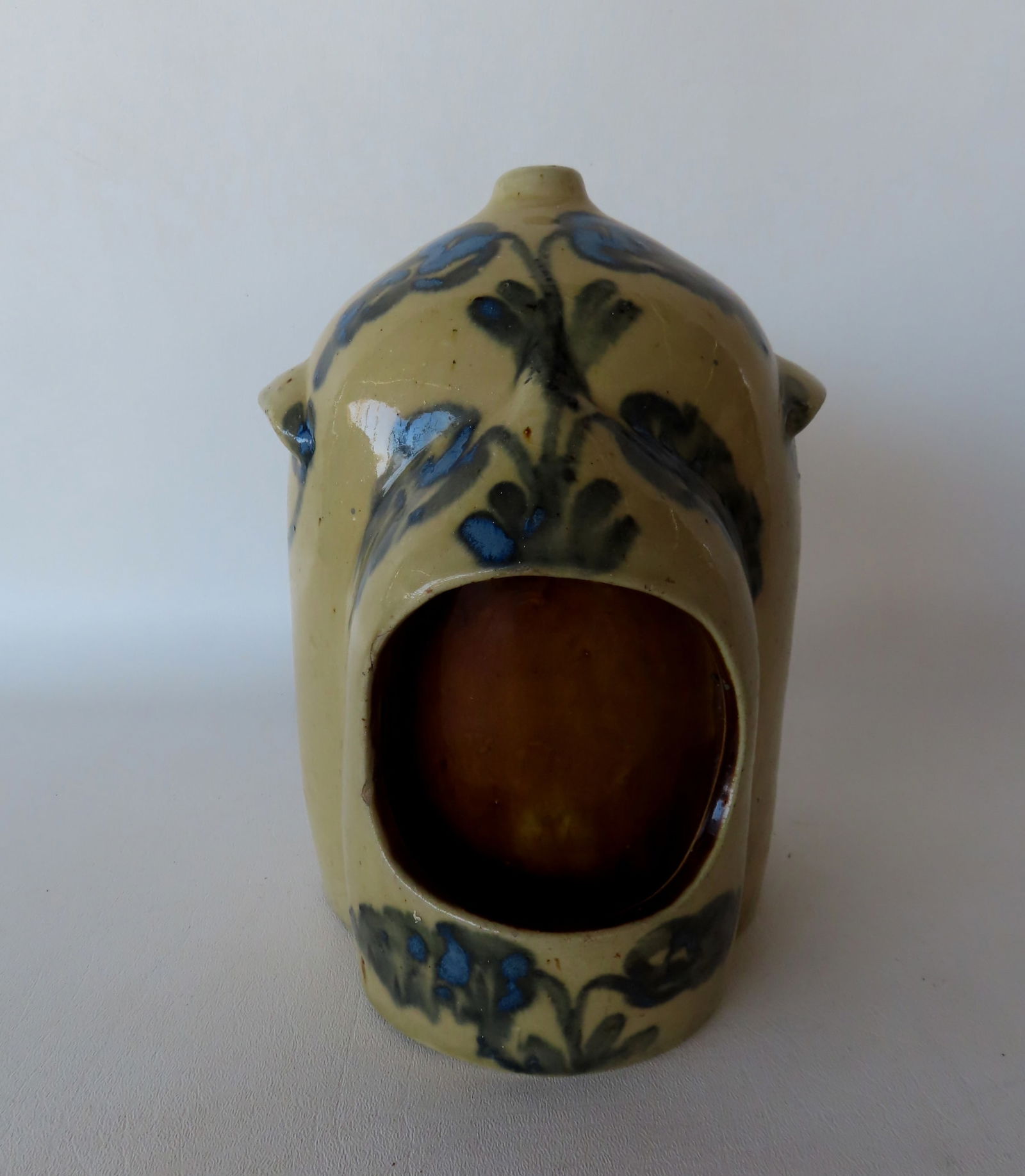 Stoneware chicken waterer decorated with blue flowers and blue/grey leaves and stems with the (1 of 7)