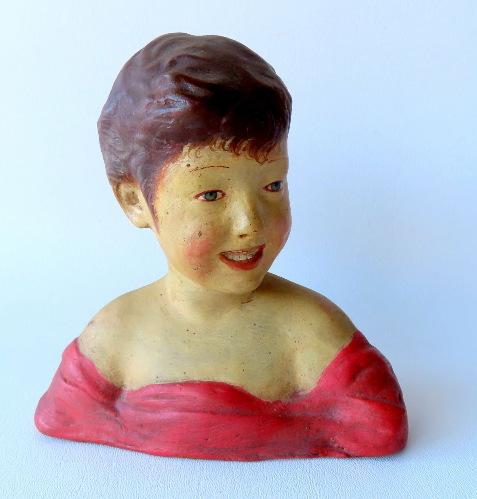 A small terra cotta hand painted bust of a young lady with short hair, 19th century, very good (1 of 7)