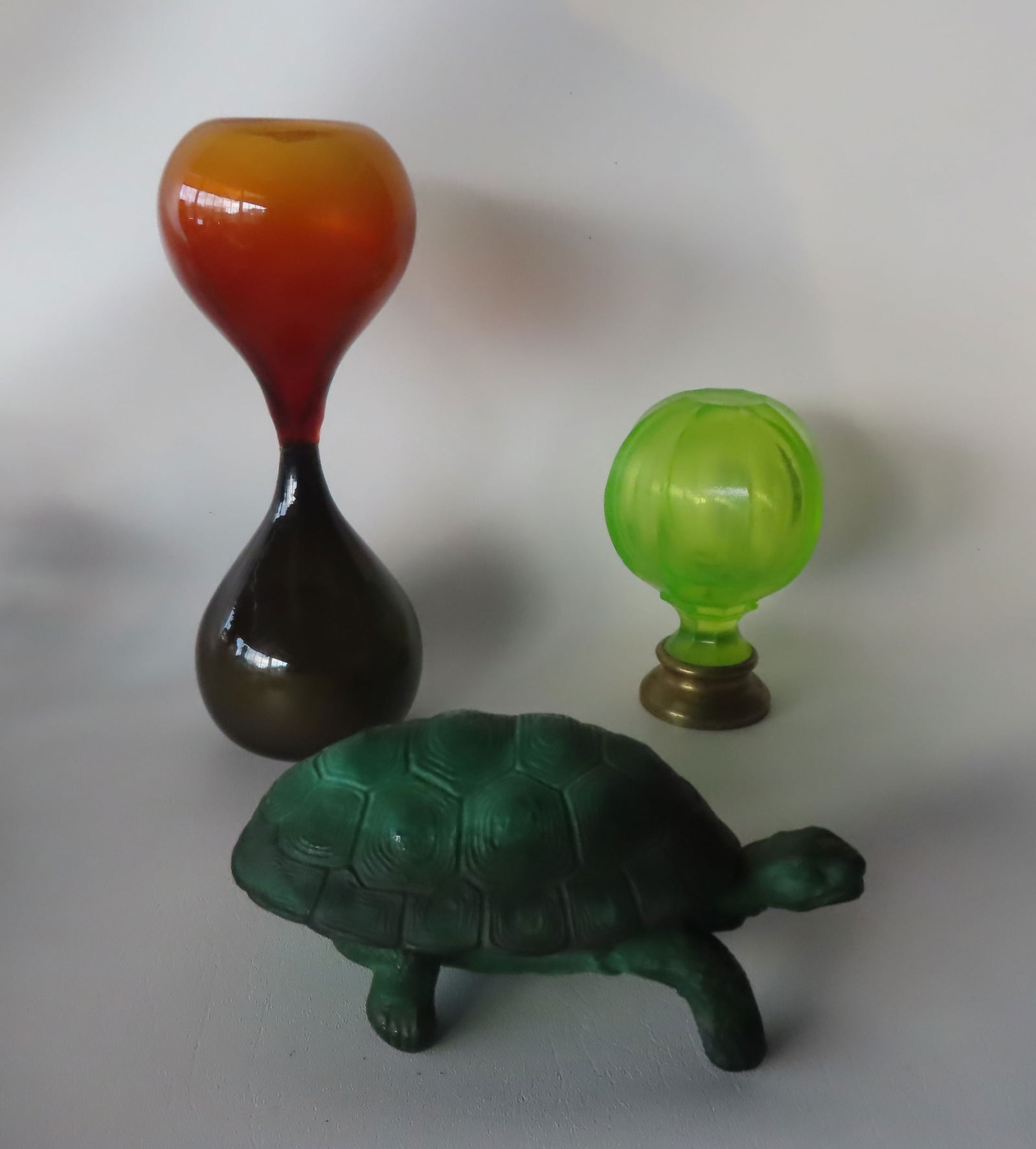 Grouping of 3 glass objects including: Life size malachite figural glass turtle (container or powder (1 of 13)