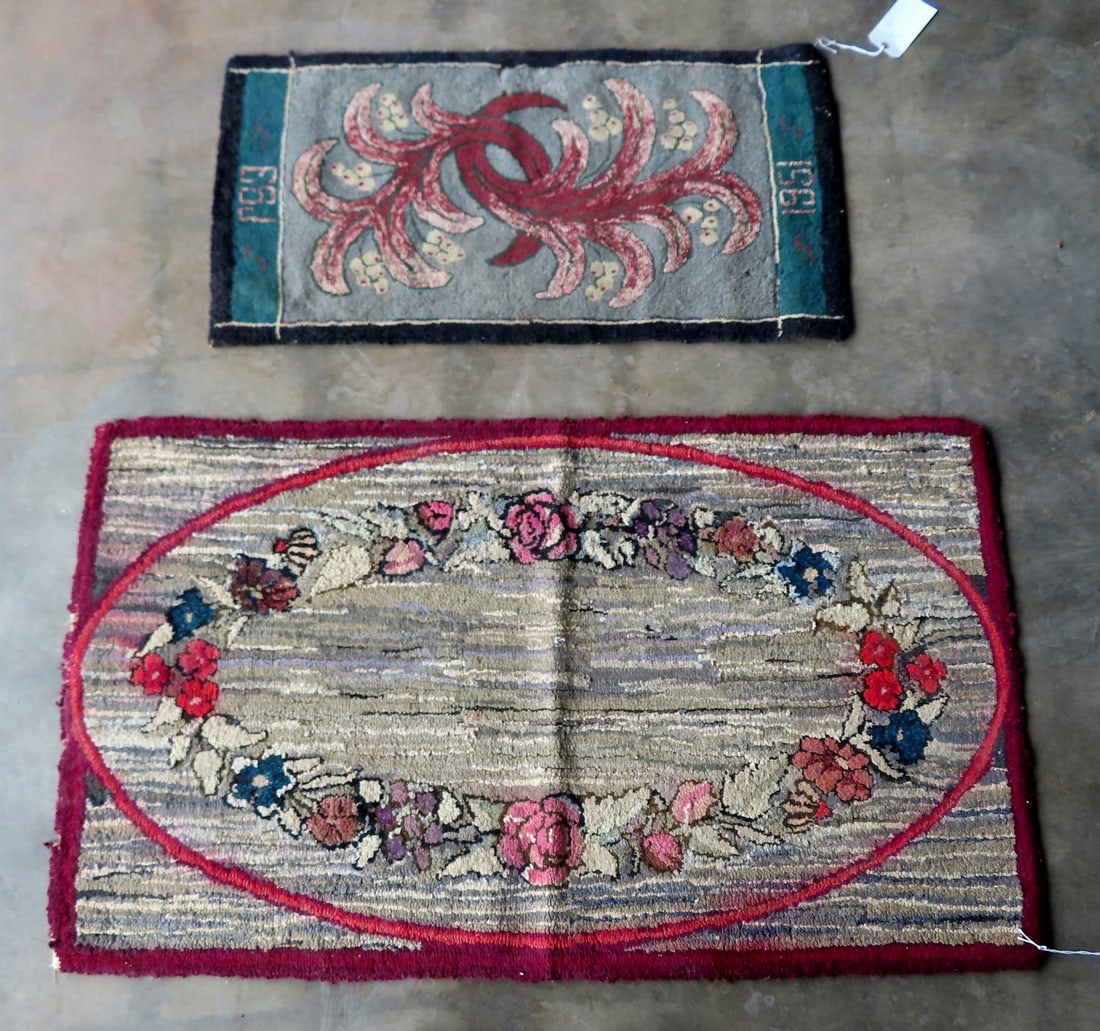 Two floral hooked rugs. The smallest dated 1951 - very slight wool loss else good condition, and the: Two floral hooked rugs. The smallest dated 1951 - very slight wool loss else good condition, and the largest measures 30" x 51" - small 1" square hole, else good condition. Provenance: From the Thomas