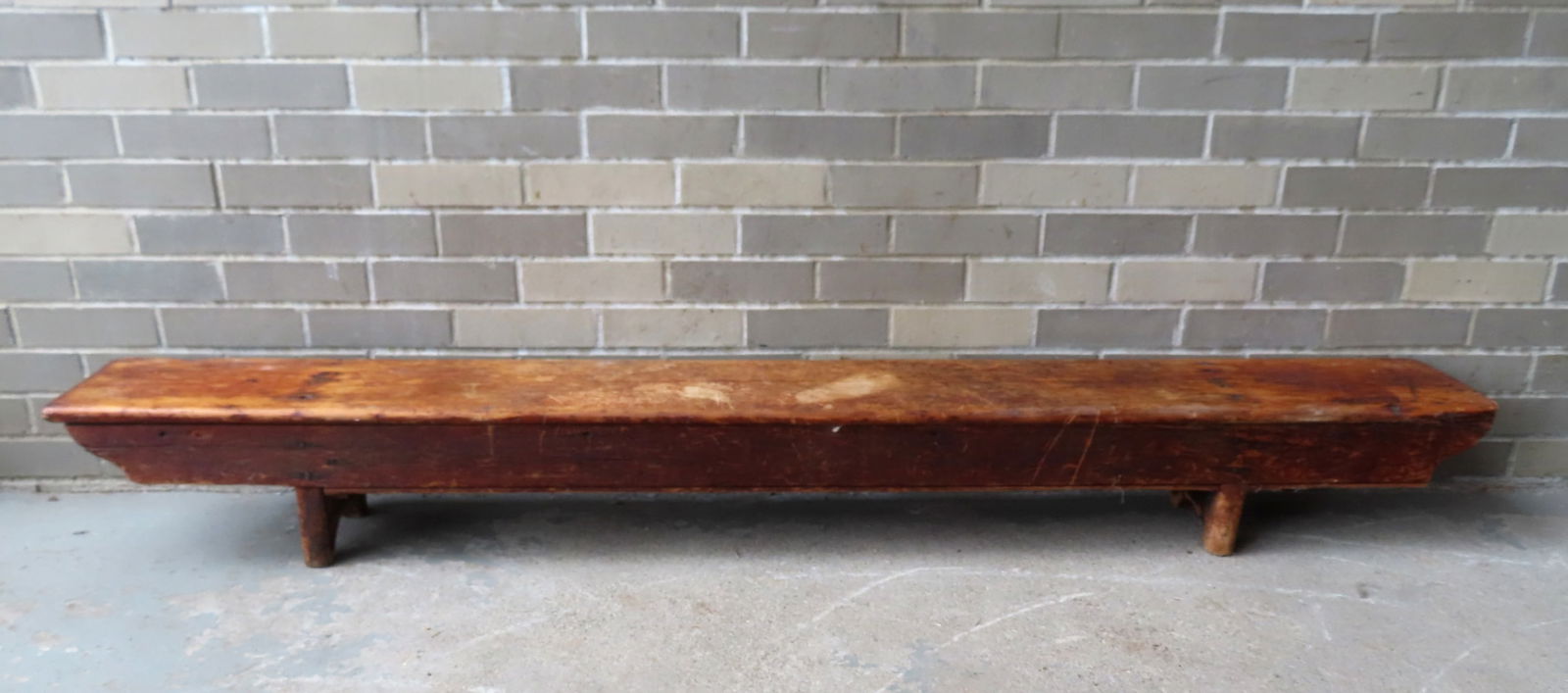 Large primitive low bench with 1/2 moon cutouts, possibly for holding buckets on a farm - use wear (1 of 9)