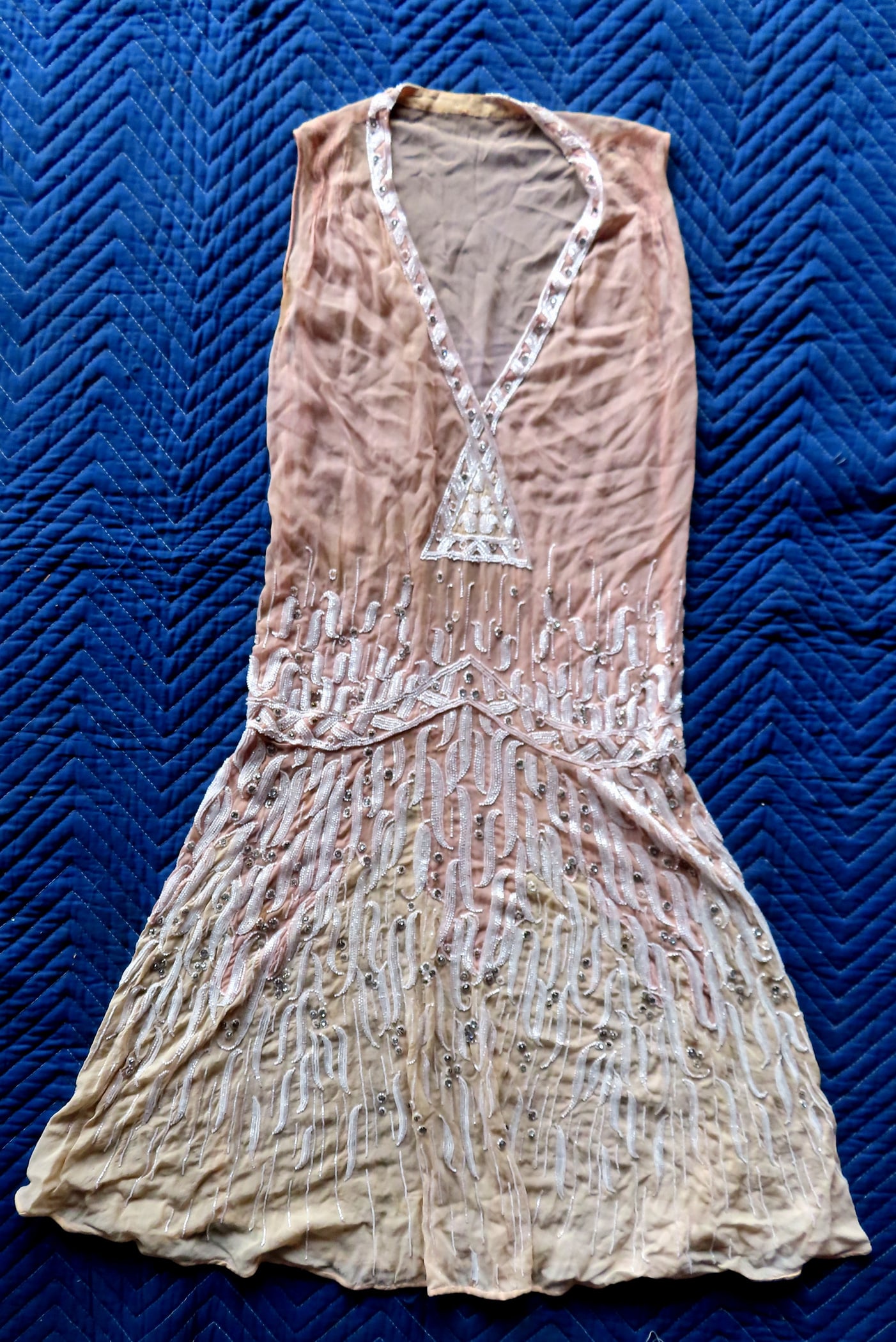 An Art Deco silk-chiffon beaded dress decorated with white beads and amethyst colored crystals, 43"L (1 of 19)