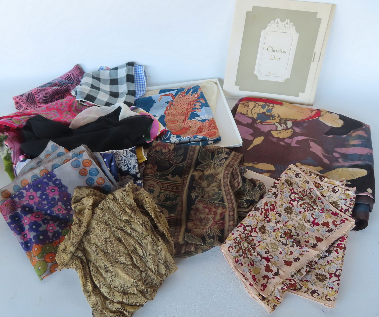 Grouping of mostly lady's scarves, some in silk including: Christian Dior in original box -  unused; (1 of 12)
