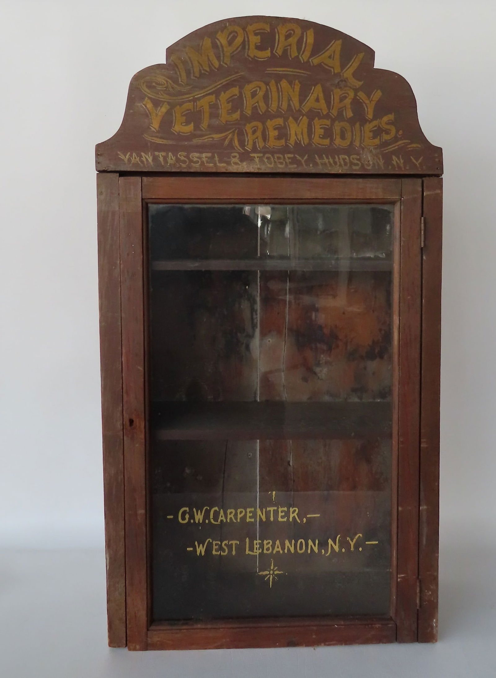 Vintage veterinary cabinet with glass door and original painted inscription on crest marked (1 of 8)