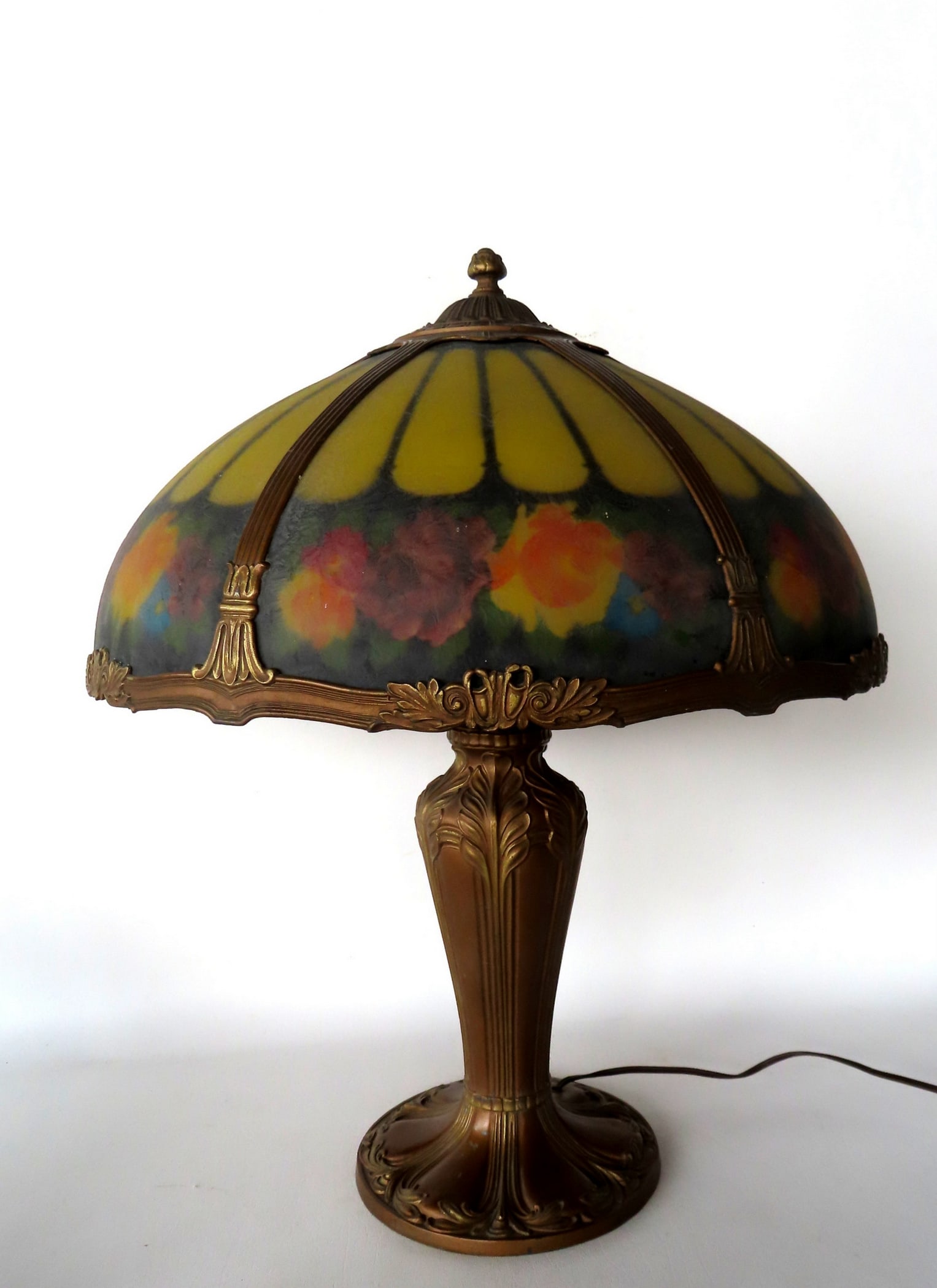 A choice reverse painted Arts & Crafts period panel lamp, with gilded bronze or zinc shaped base (1 of 20)