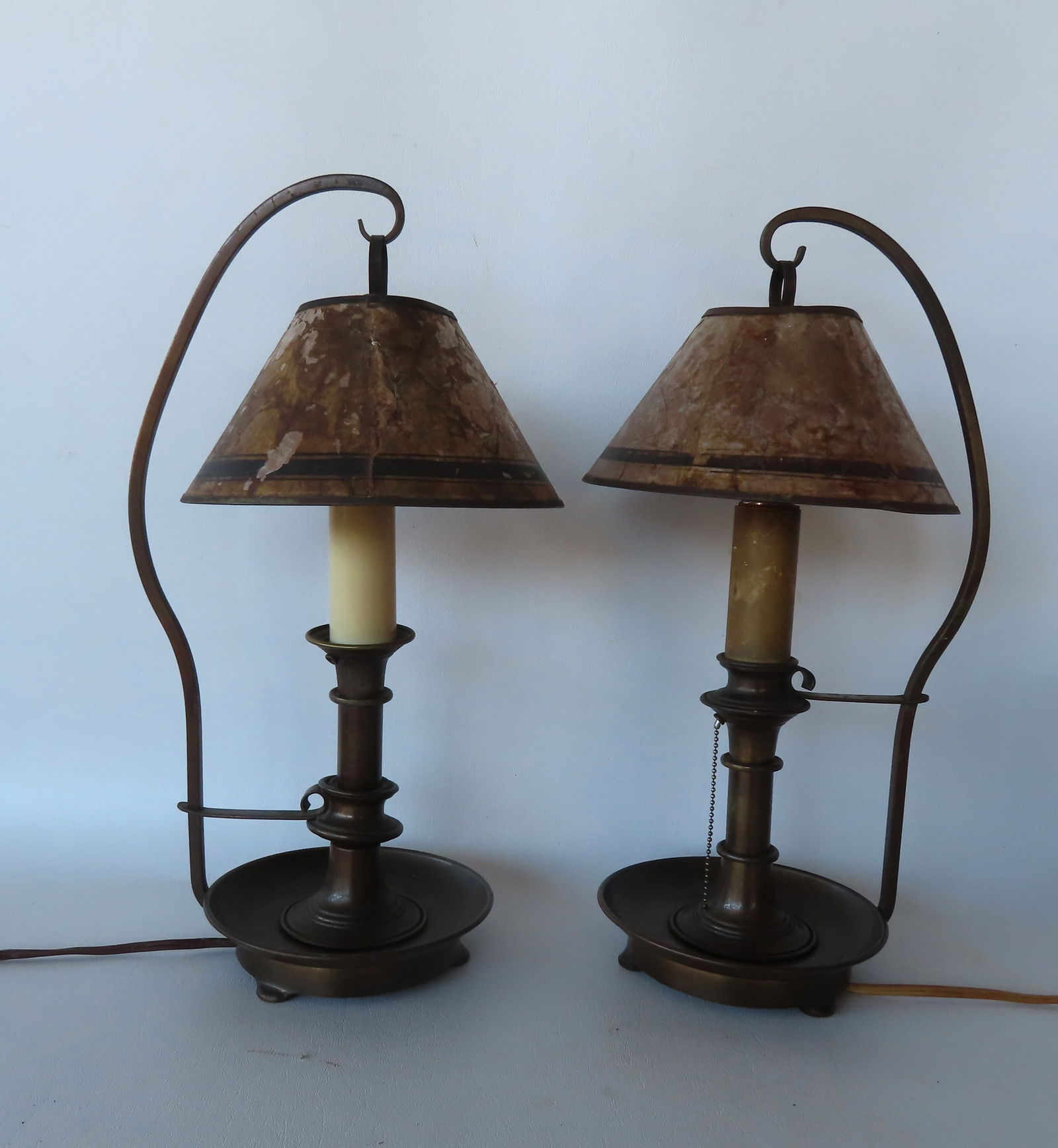 A pair of brass and iron Arts & Crafts period table lamps with mica shades, circa 1930-40. Both in (1 of 7)