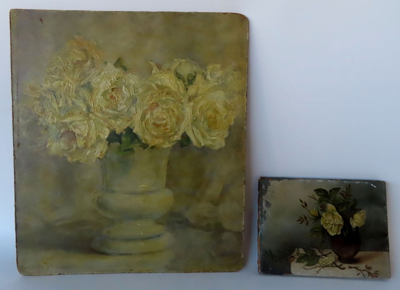 Two still life paintings including: The first, oil on Masonite board, flowers in vase, signed (1 of 7)