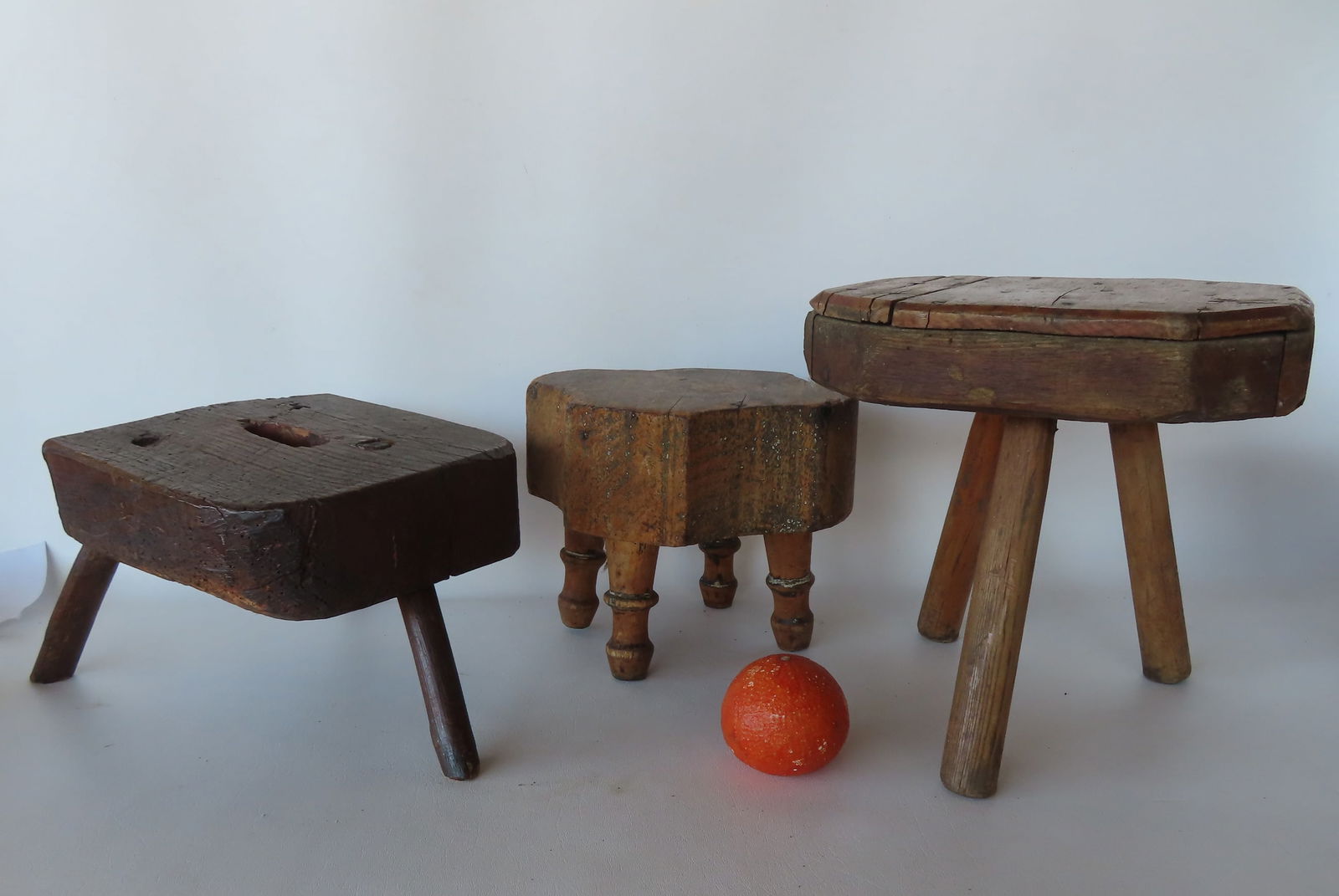 Three primitive wooden milking stools, probably mid to late 19h century. One with repairs (converted (1 of 8)