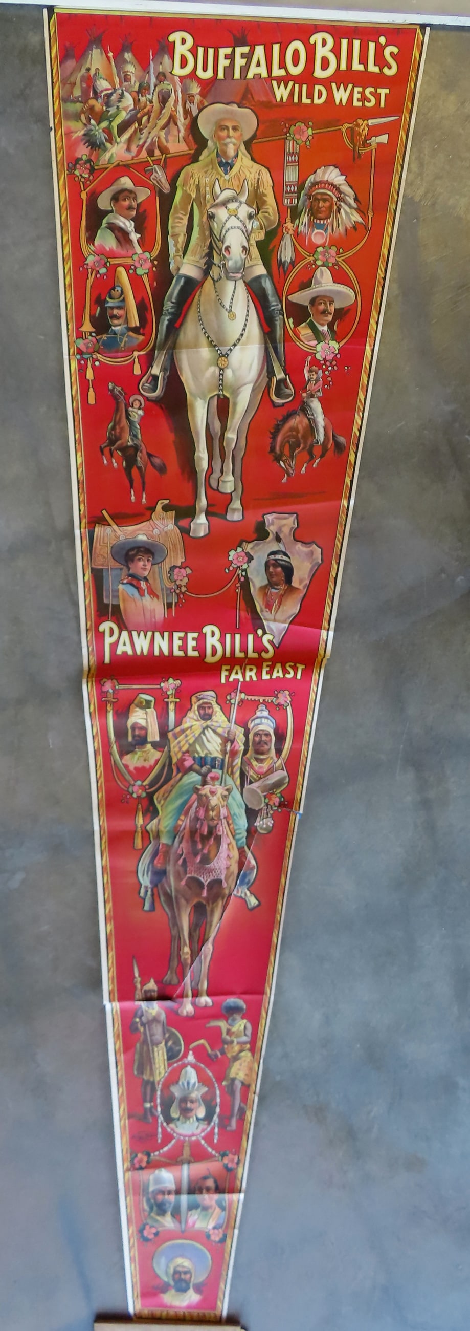 Very rare Buffalo Bill vertical circus poster-banner, titled "Buffalo Bill's Wild West / Pawnee (1 of 13)