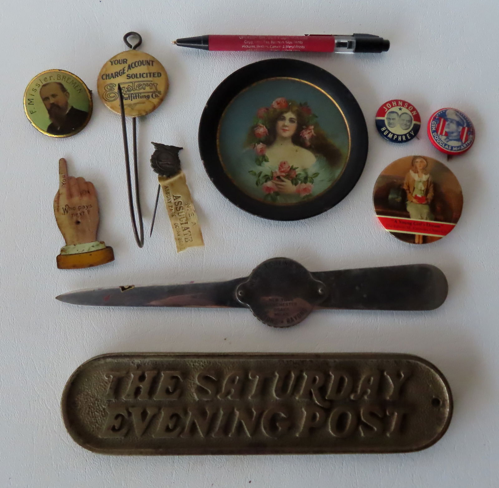 Grouping of souvenir and political articles including: A small cast iron oval double sided sign, (1 of 10)