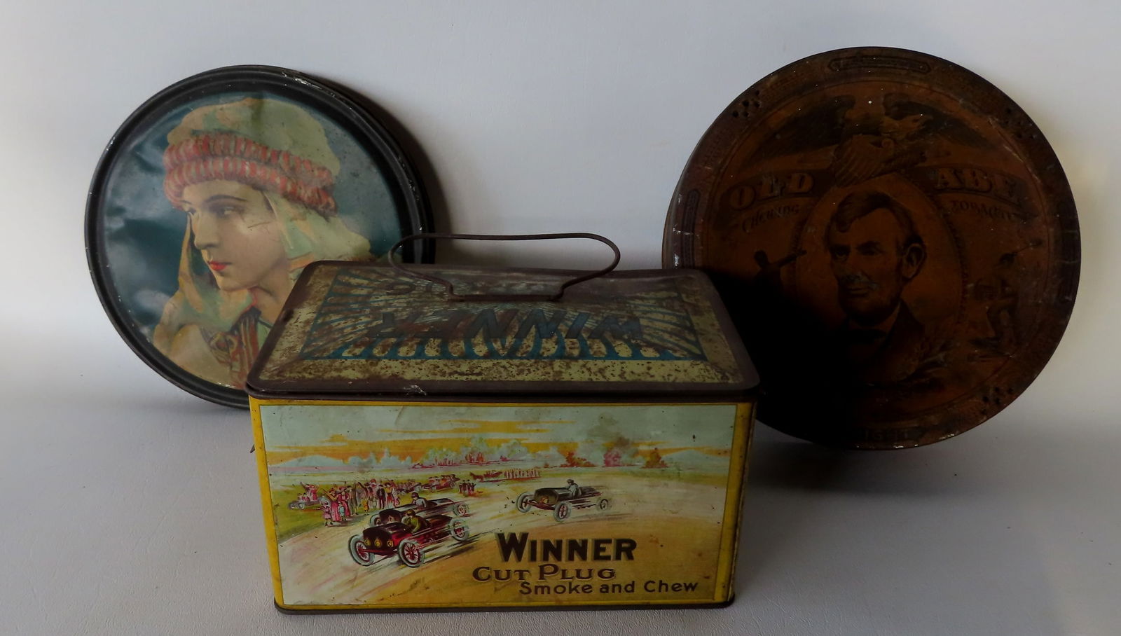 Three vintage advertising tins including: "Old Abe" tobacco tin with air vents around perimeter - 8 (1 of 14)