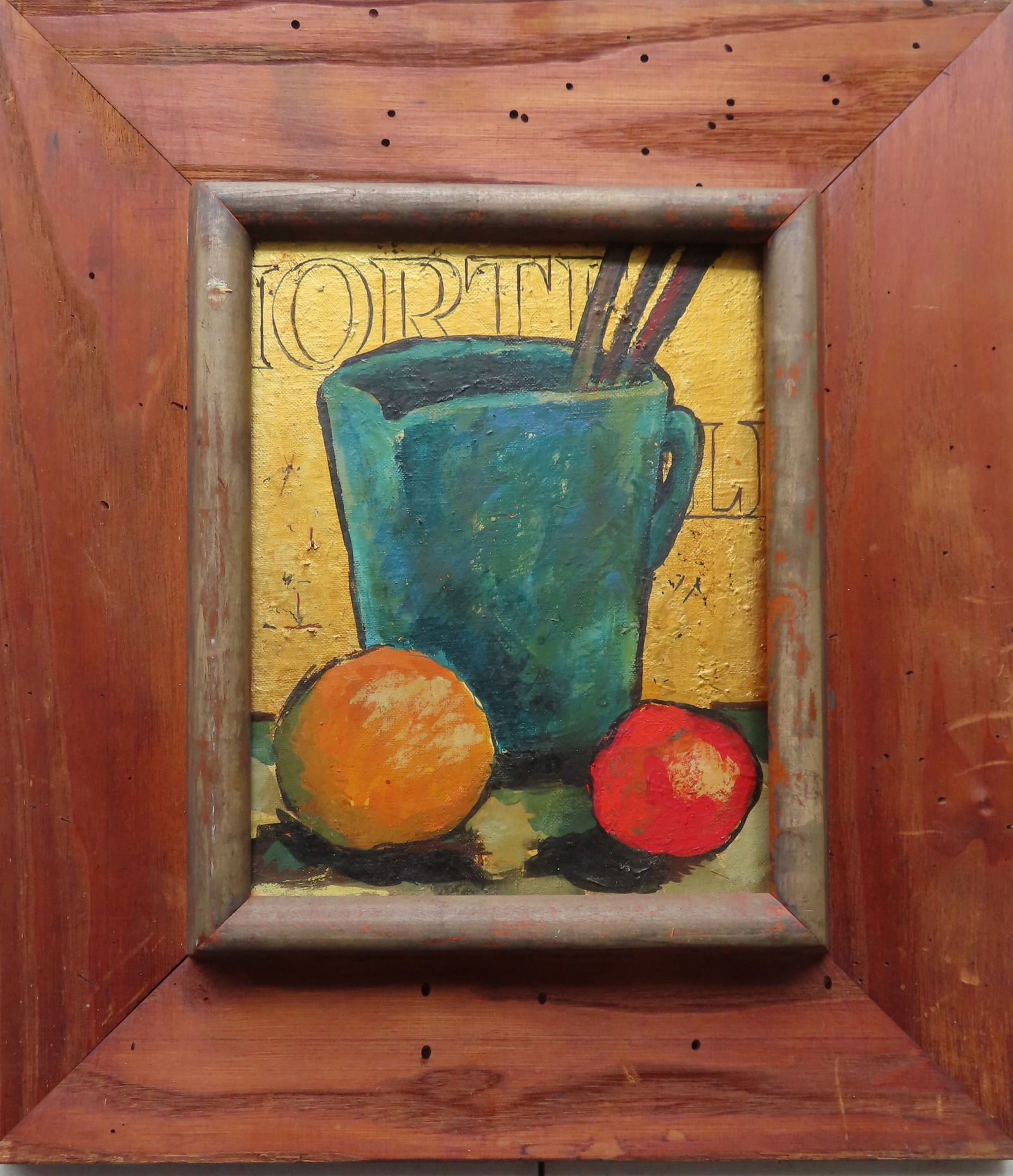 MId century modern art: O/B Still life with cup and fruit on table with gold lettered background, (1 of 4)
