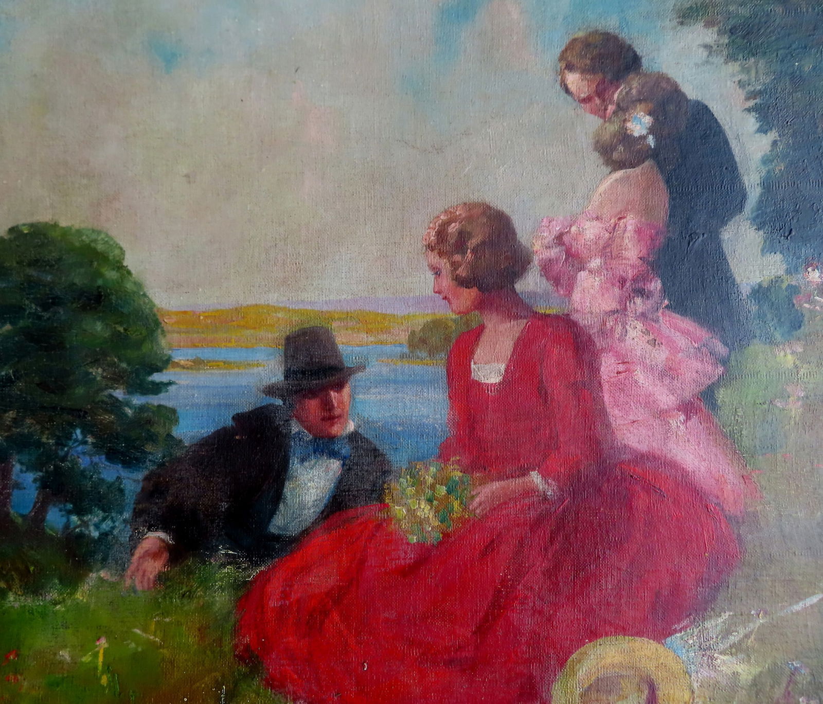 Oil on canvas board, Illustration art depicting 2 couples on hillside overlooking bay, probably (1 of 6)