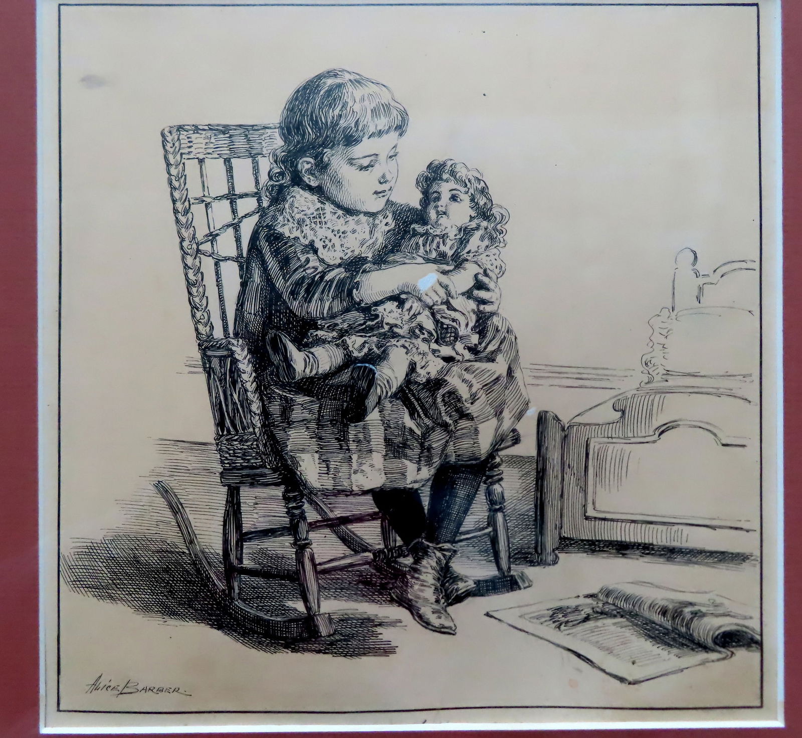 Alice Barber, American 1858-1932. A lovely pen and ink illustration of girl seated in wicker rocker (1 of 6)