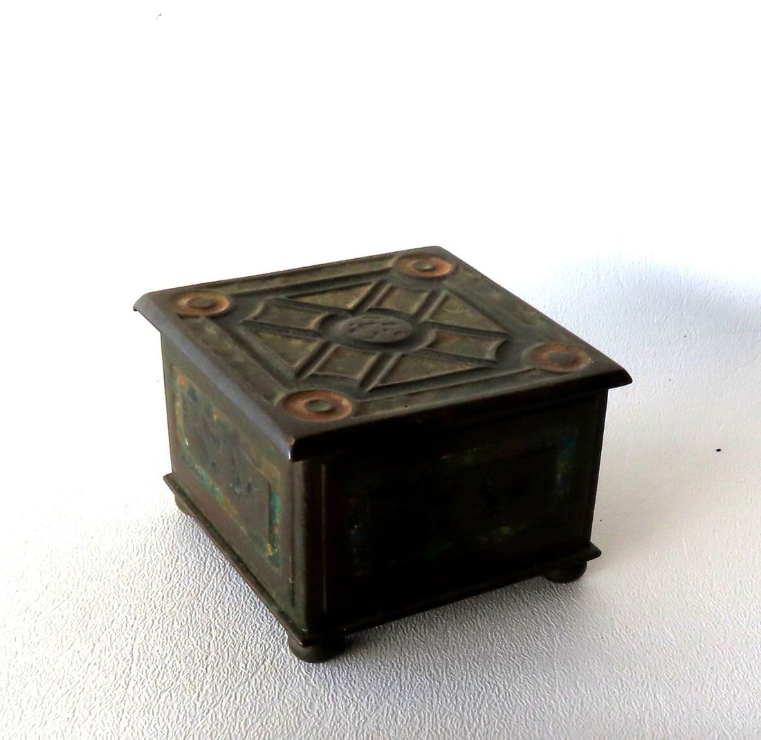 A signed "Louis C. Tiffany Furnaces Inc" small bronze dresser or stamp box with ball feet, early (1 of 6)