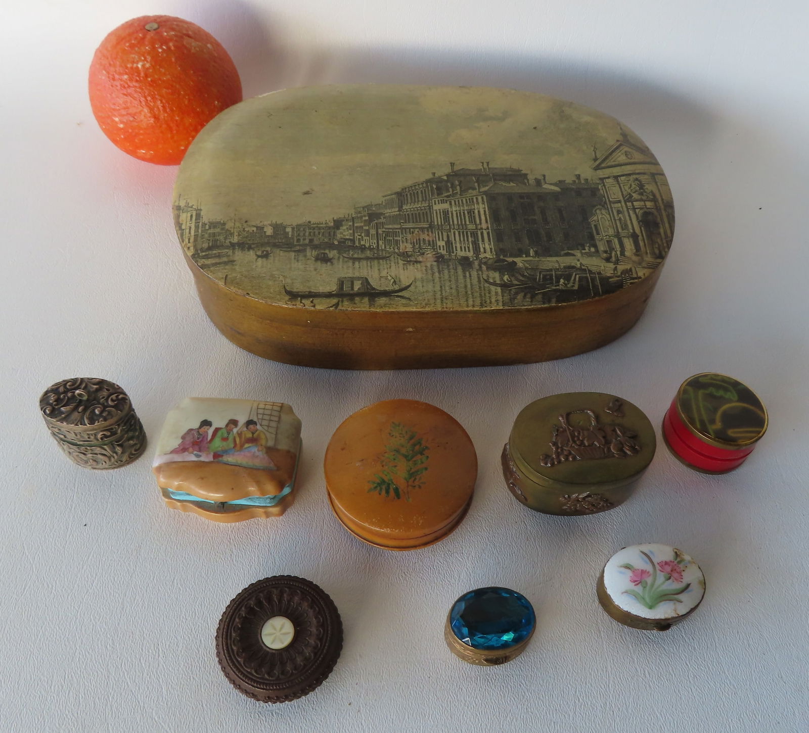 Grouping of 8 patch or snuff boxes. Including sterling silver, hand painted oriental decorated with (1 of 15)