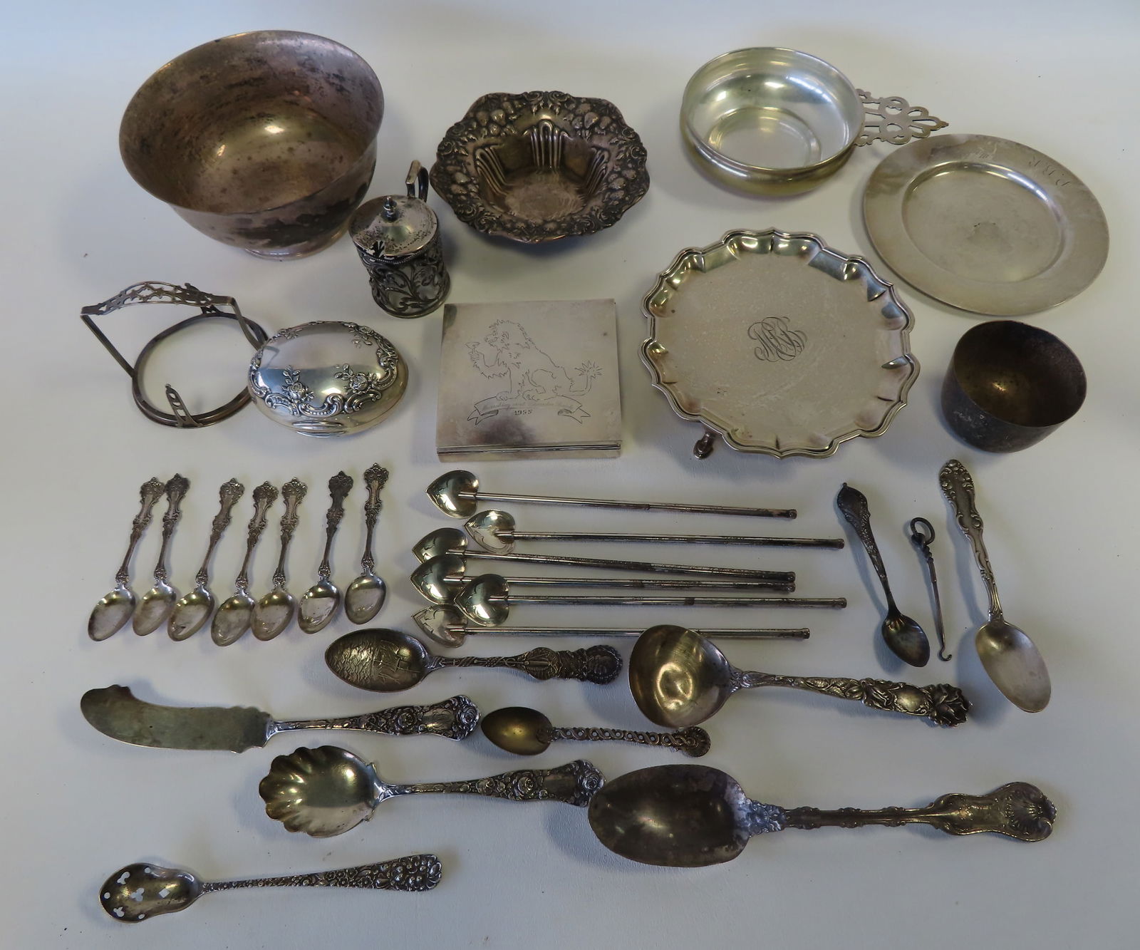 Grouping of sterling silver including 6 ice tea straw/spoons with engraved heart shaped bowl, (1 of 10)