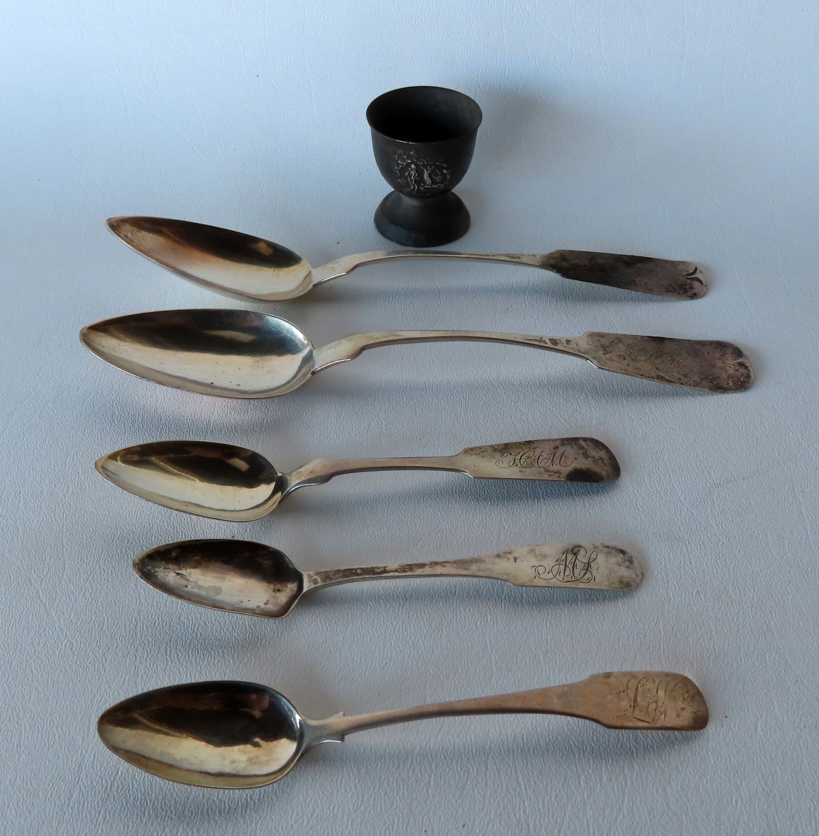 Five American coin silver spoons, various makers, all in good condition. The largest 8 1/8"L. Total (1 of 8)