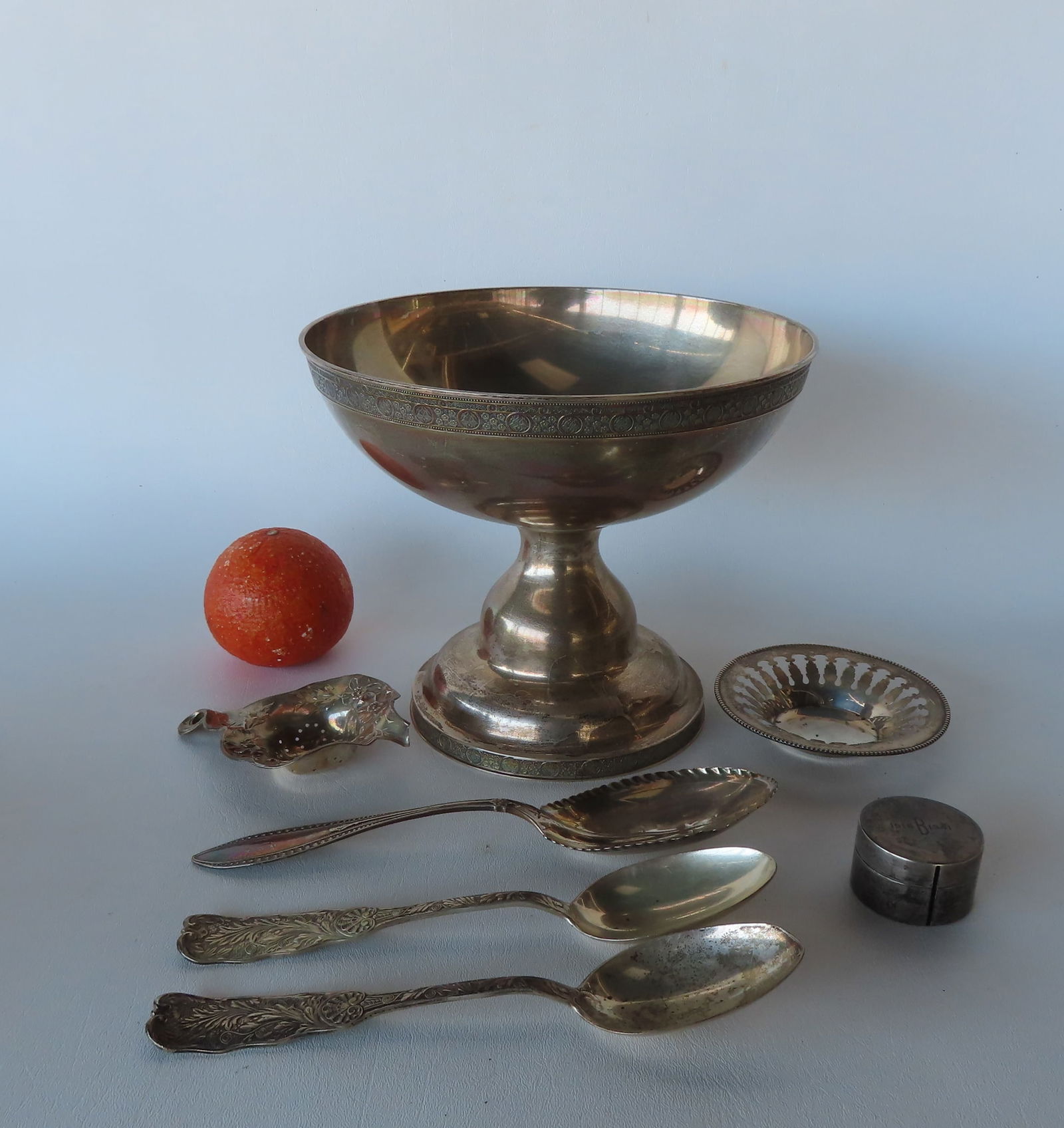 Grouping of sterling silver including: A signed Tiffany & Co. Makers footed compote - 8 3/4" (1 of 9)