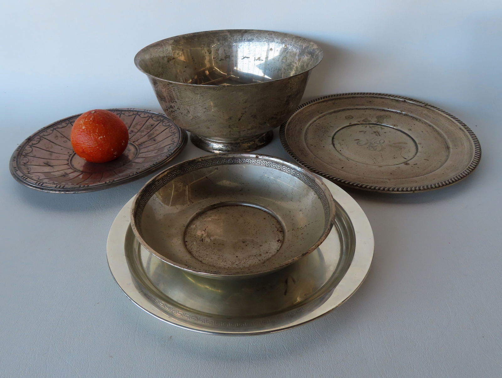Grouping of Sterling silver bowls and plates, all with some tarnishing, otherwise very good (1 of 5)