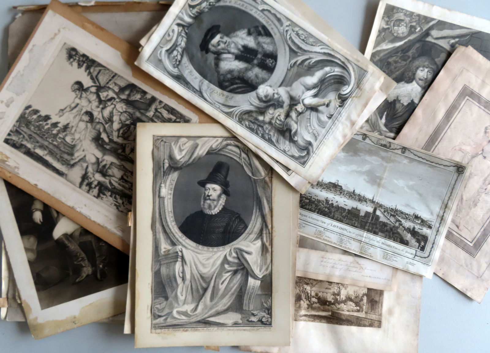 Grouping of 15 etching and engravings, 18th/19th century including: Classical etching of Roman lady: Grouping of 15 etching and engravings, 18th/19th century including: Classical etching of Roman lady standing by urn near sleeping dog, published by John and Josiah Boydell in 1787, after sketch by Gio