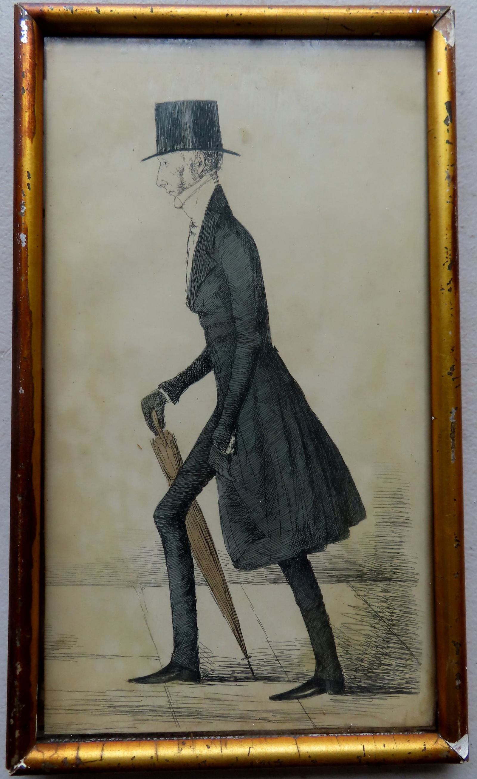 Hand colored lithograph of elderly gentleman wearing top hat, long coat and umbrella, identified on (1 of 4)