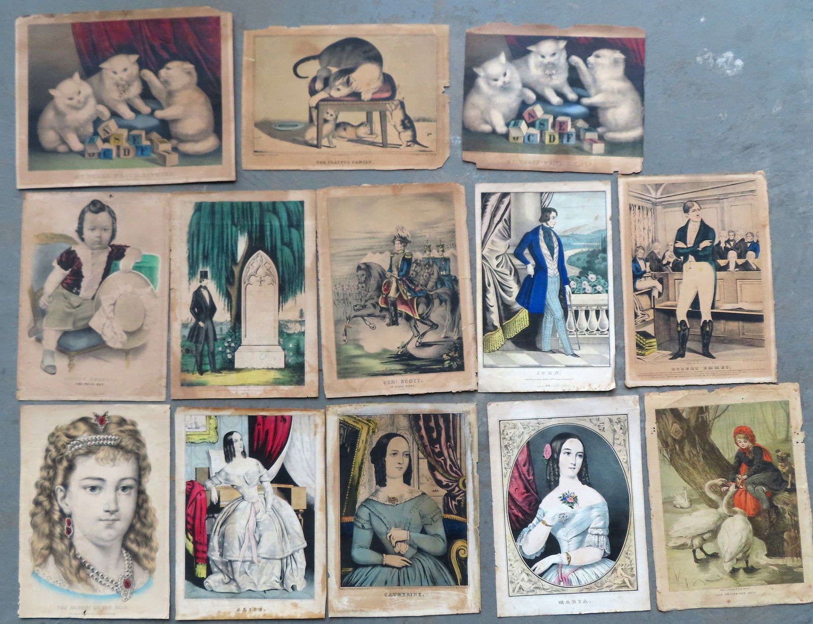 Grouping of 13 unframed 19th century prints, most hand colored including Kellogg, Currier & Ives, (1 of 9)