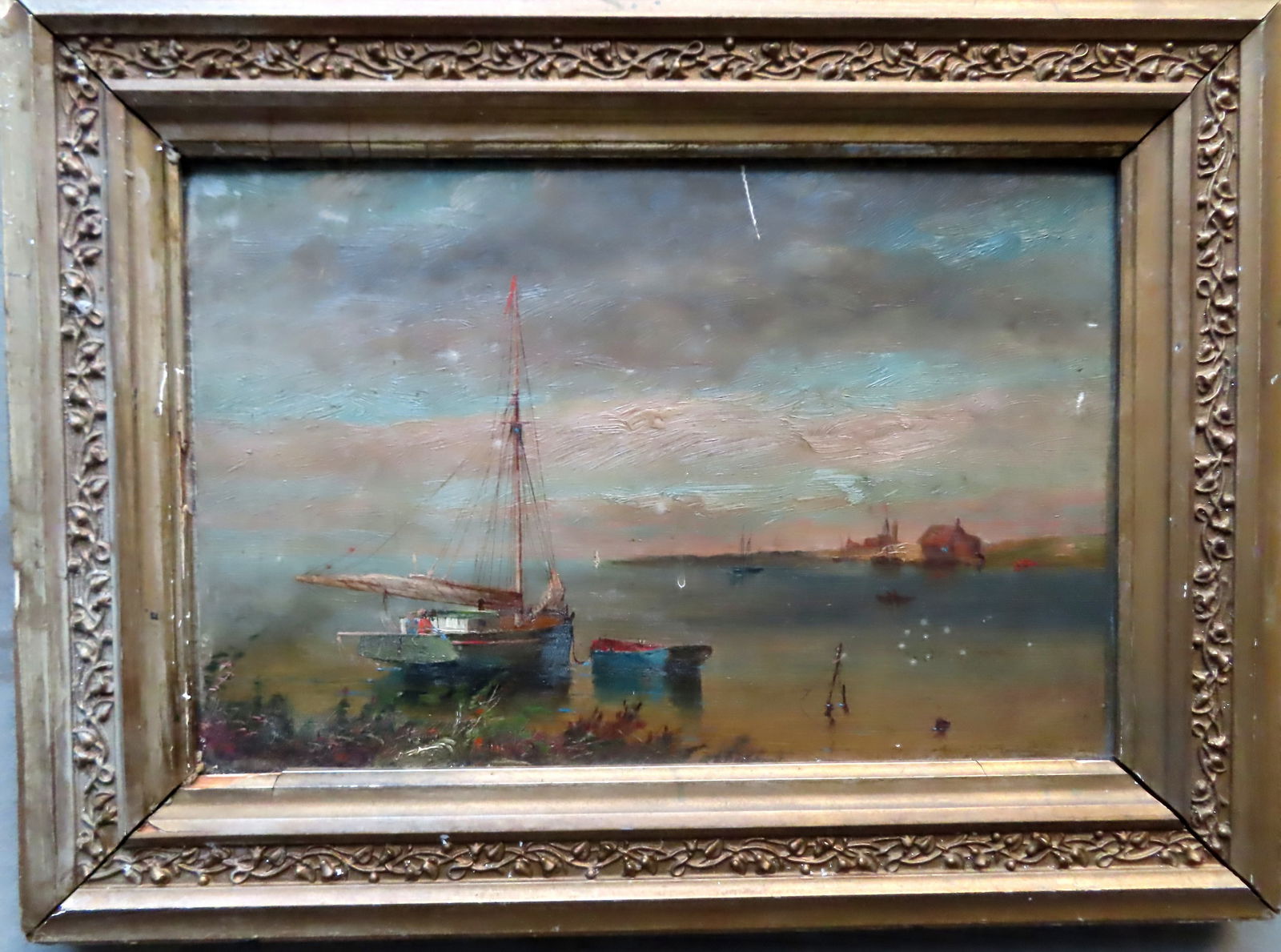 O/B Fishing boat and dinghy anchored off shoreline with other boats in background, 19th century. (1 of 5)