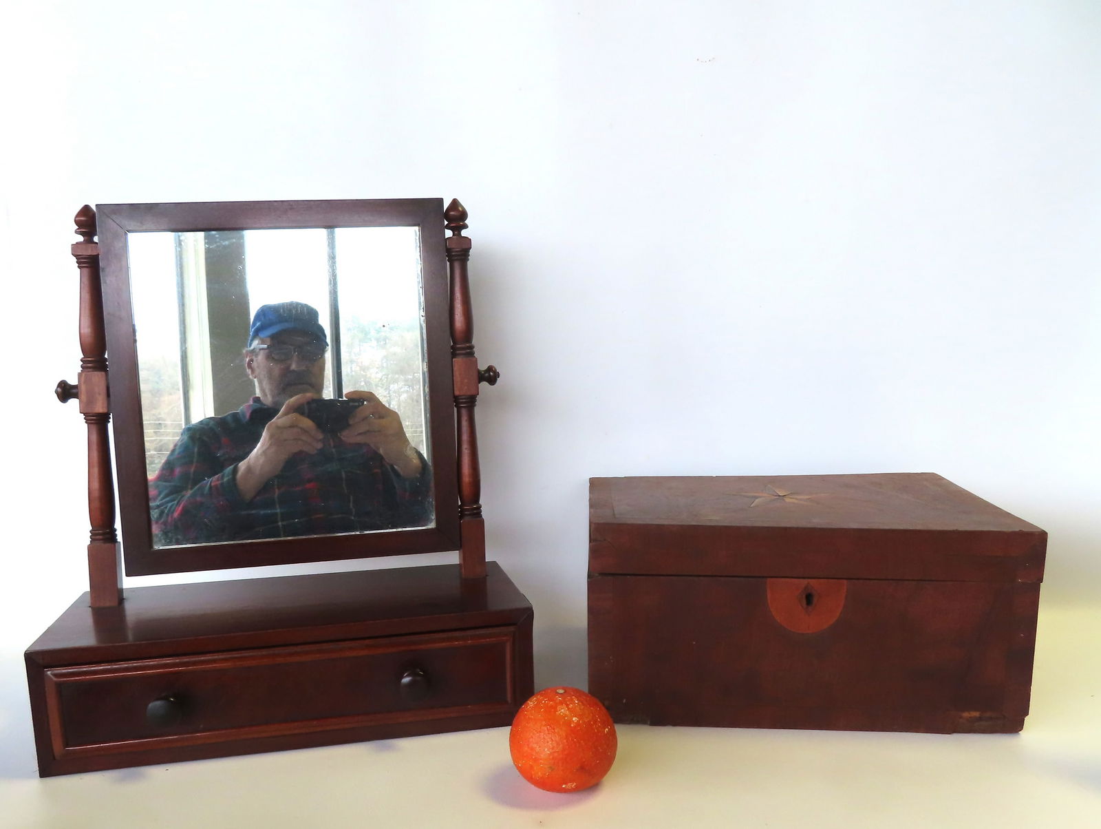 Two country items including an early 19th century mahogany storage box with star inlay on lid and (1 of 12)