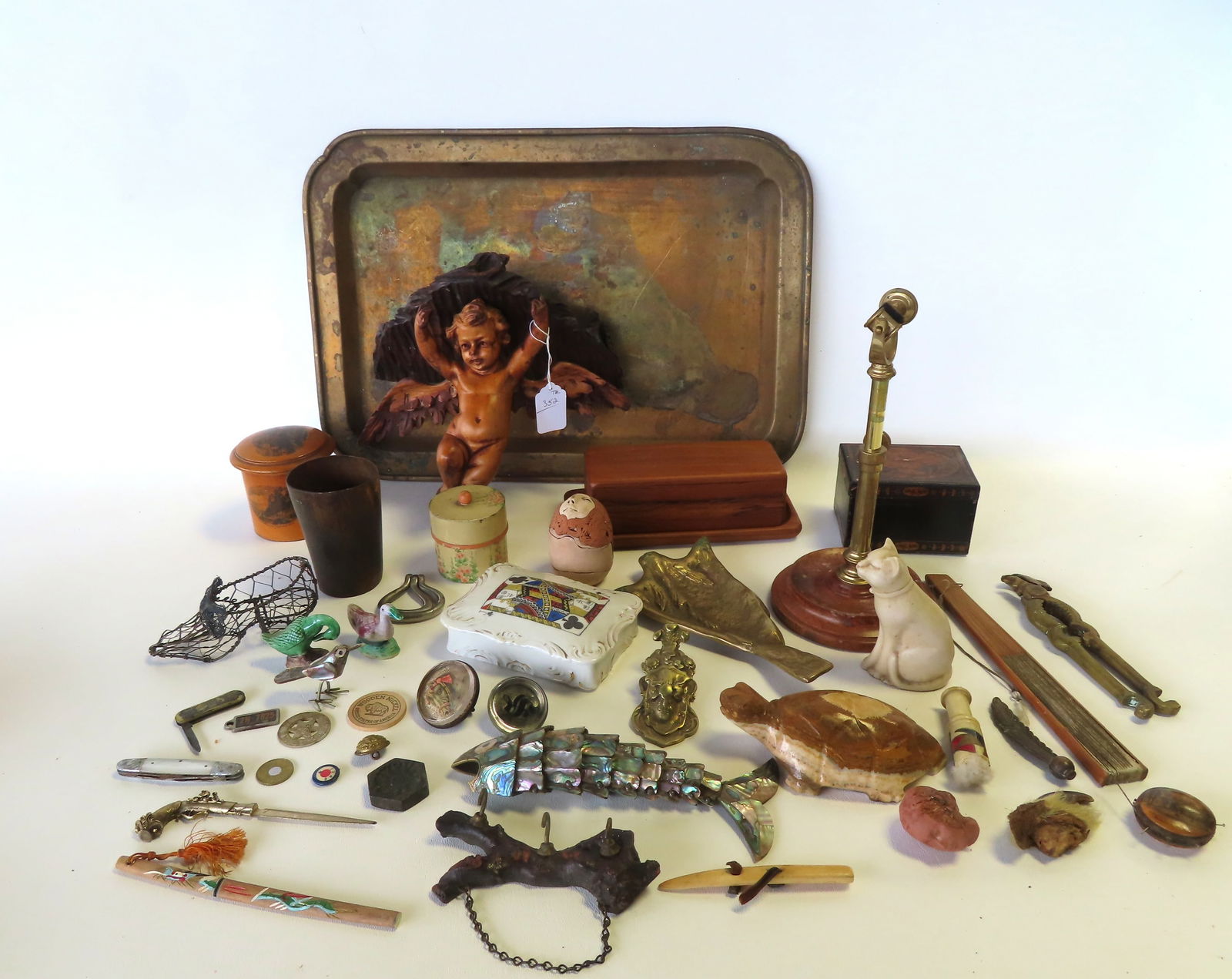 Large grouping of vintage collectibles, the largest being the brass/bronze tray (missing feet) - 18" (1 of 10)