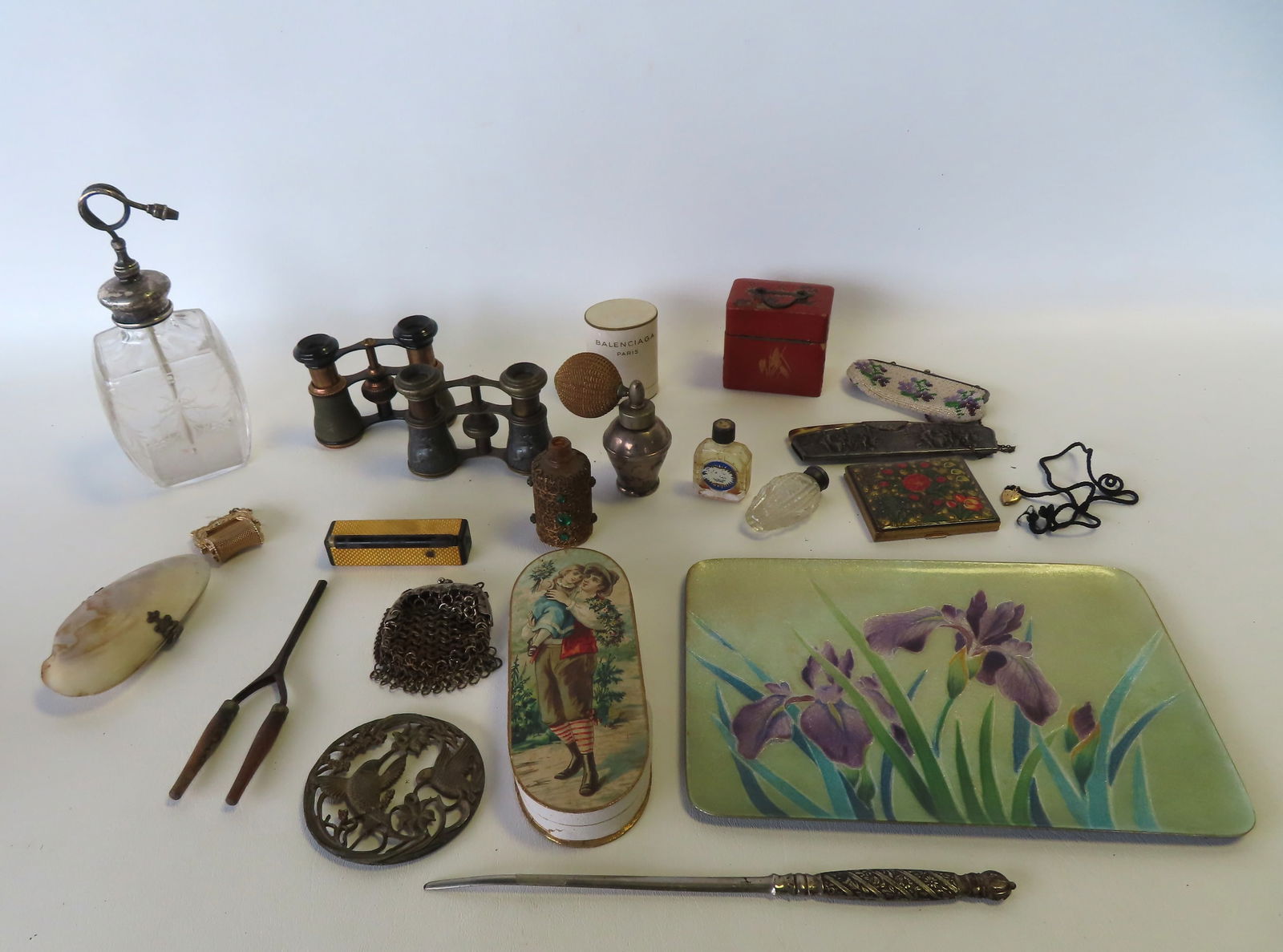 Large grouping of mostly lady's vanity items including a beautiful enameled pin tray decorated with (1 of 13)