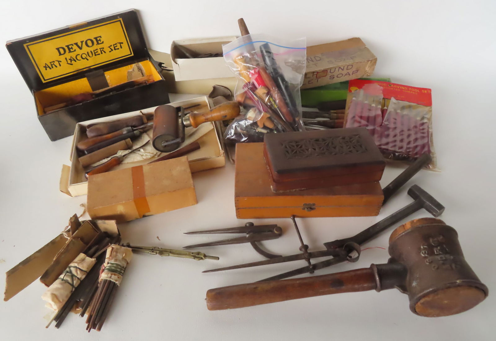 Large grouping of vintage tools, most carving related. Includes, chisels, a signed "Howes Socket (1 of 18)
