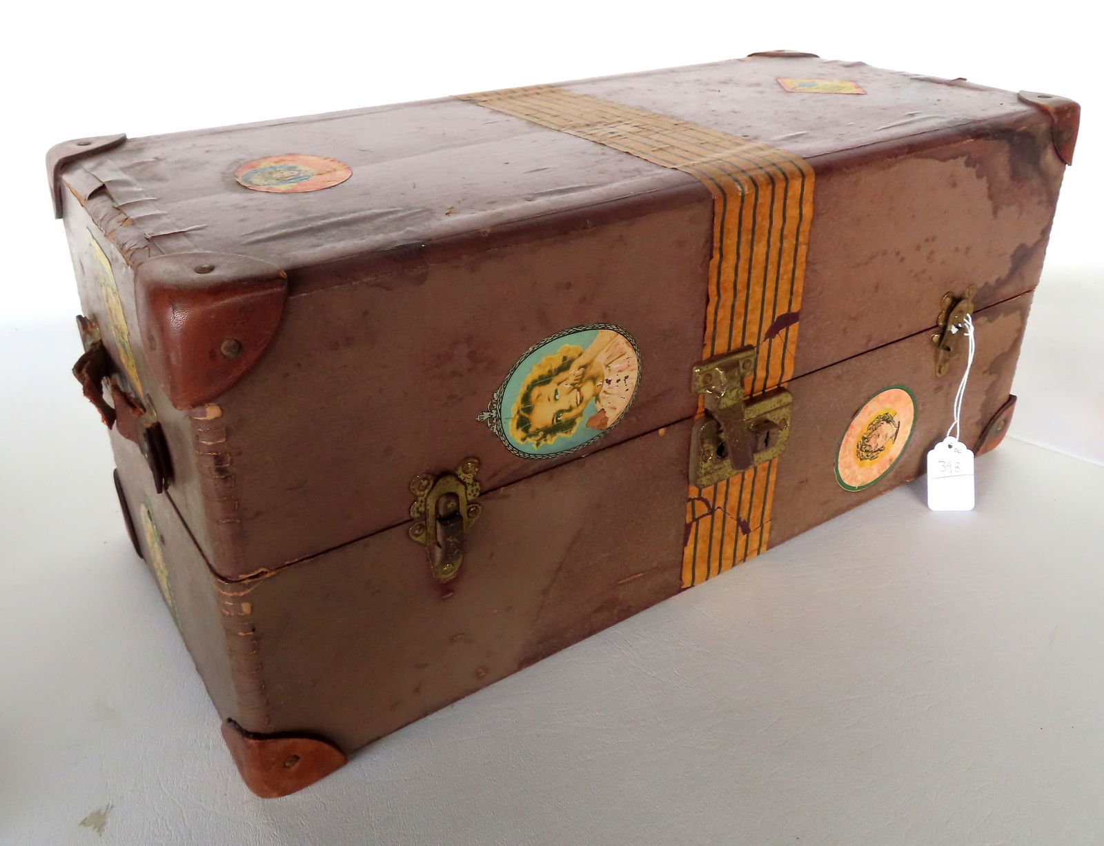 Doll trunk decorated with Shirley Temple stickers, filled with vintage doll cloths - see photos for (1 of 13)