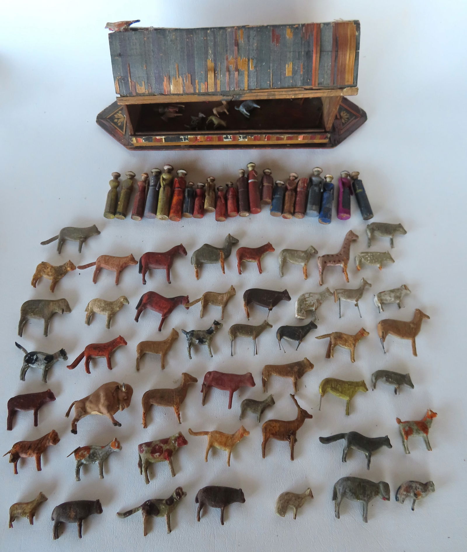 Noah's Arc toy with many hand carved animals and human figures, all in original paint - some animals (1 of 19)
