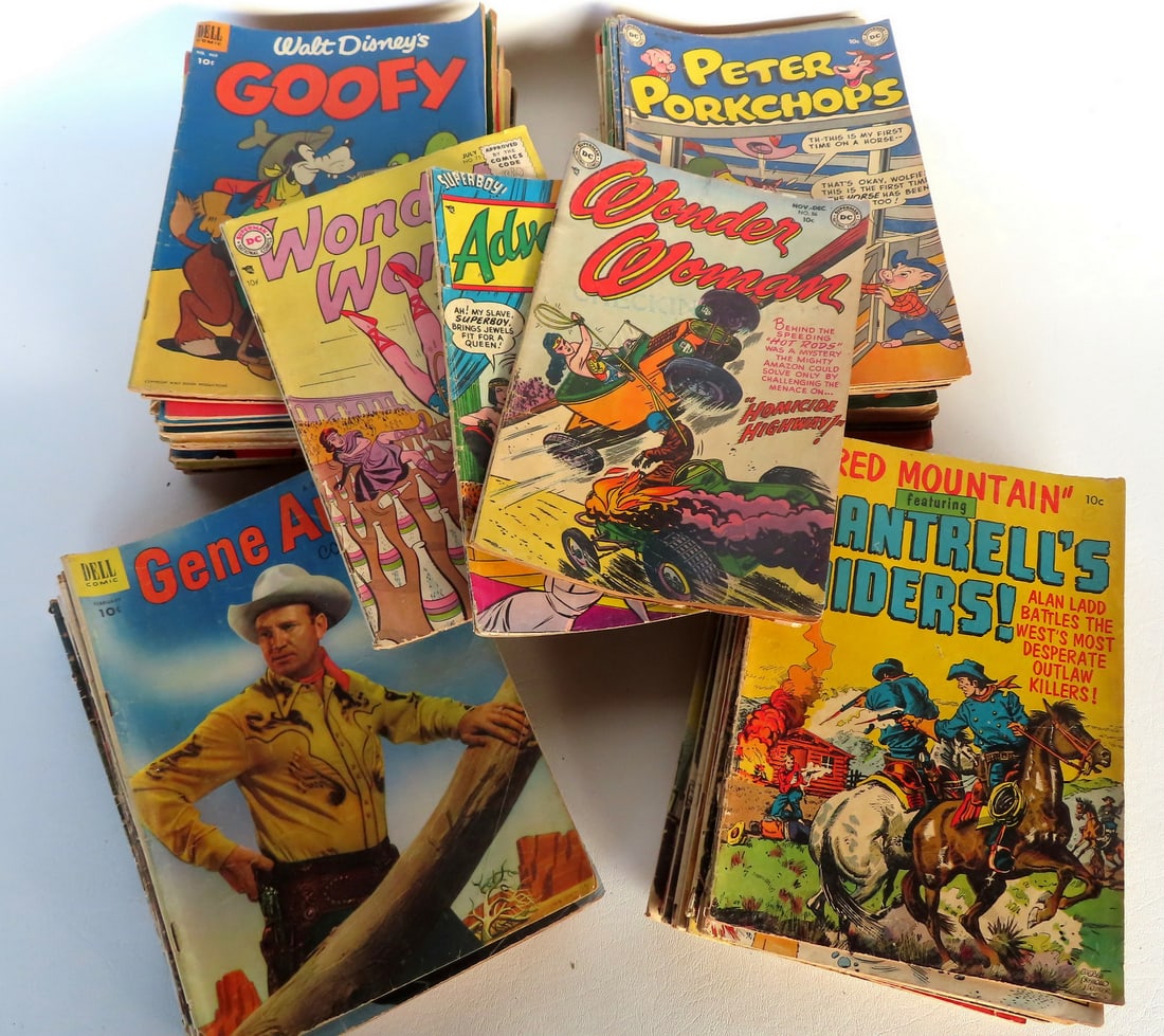 Grouping of 77 vintage 10 cent comic books, most 1950's, including: 3 super hero DC comics: Wonder (1 of 16)