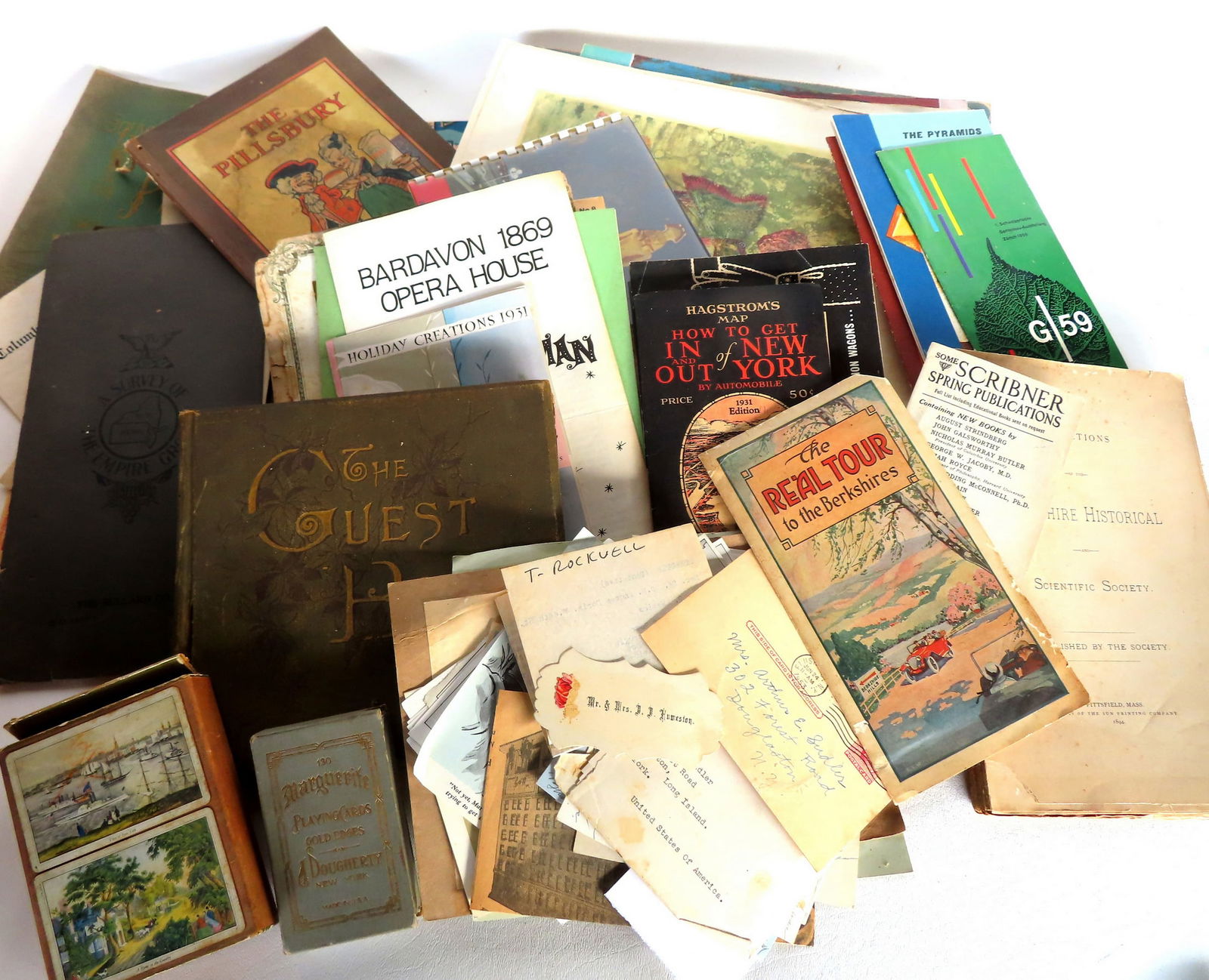 A grouping of paper goods including: 2 decks of vintage playing cards in original boxes, Berkshires (1 of 20)