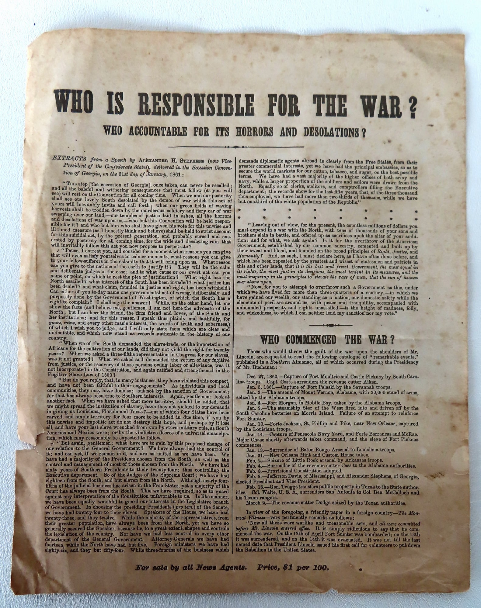 An authentic Civil War paper broadside titled "Who Is Responsible For The War" - "EXTRACTS from a (1 of 2)