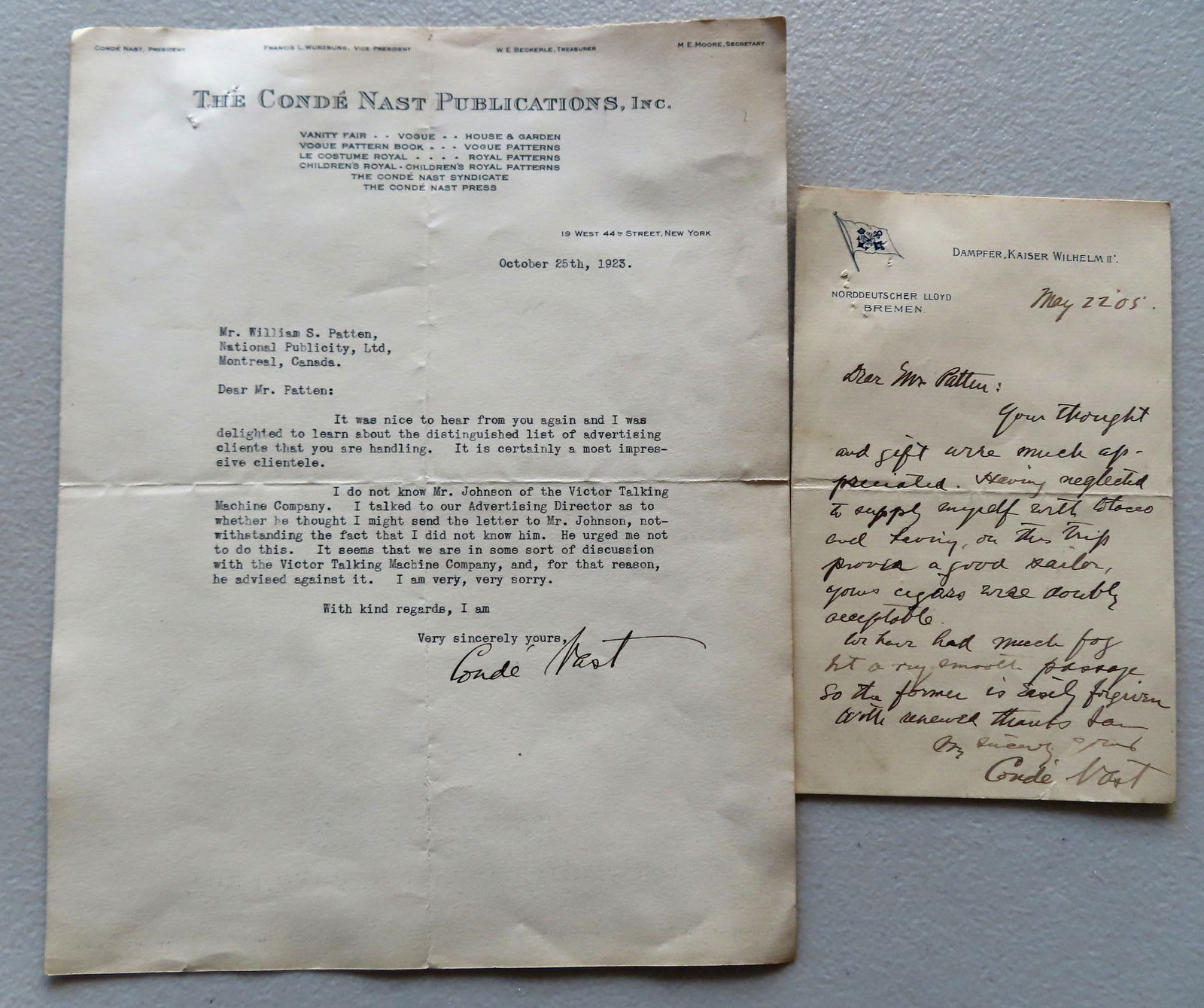 Conde Nast, autographed and hand written letter dated 1905, and an autographed and type written (1 of 4)