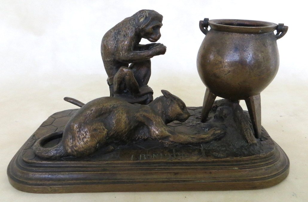 Bonheur French bronze of a seated monkey, cat by ke: Bonheur French bronze of a seated monkey, cat by kettle near fire. Signed I. Bonheur (Isidore Jules Bonheur, France 1827-1901). 6.5" L x 3.5"L x 3.5"W. Provenance: From the estate of John Whiteford, W