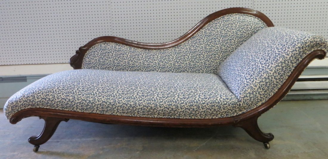 Victorian upholstered recamier with black walnut f: Victorian upholstered recamier with black walnut frame - small repair to molding on front base. Approximately 5' 9"L. Provenance: From the estate of Elaine and Irving Sperber, Southbury Ct.