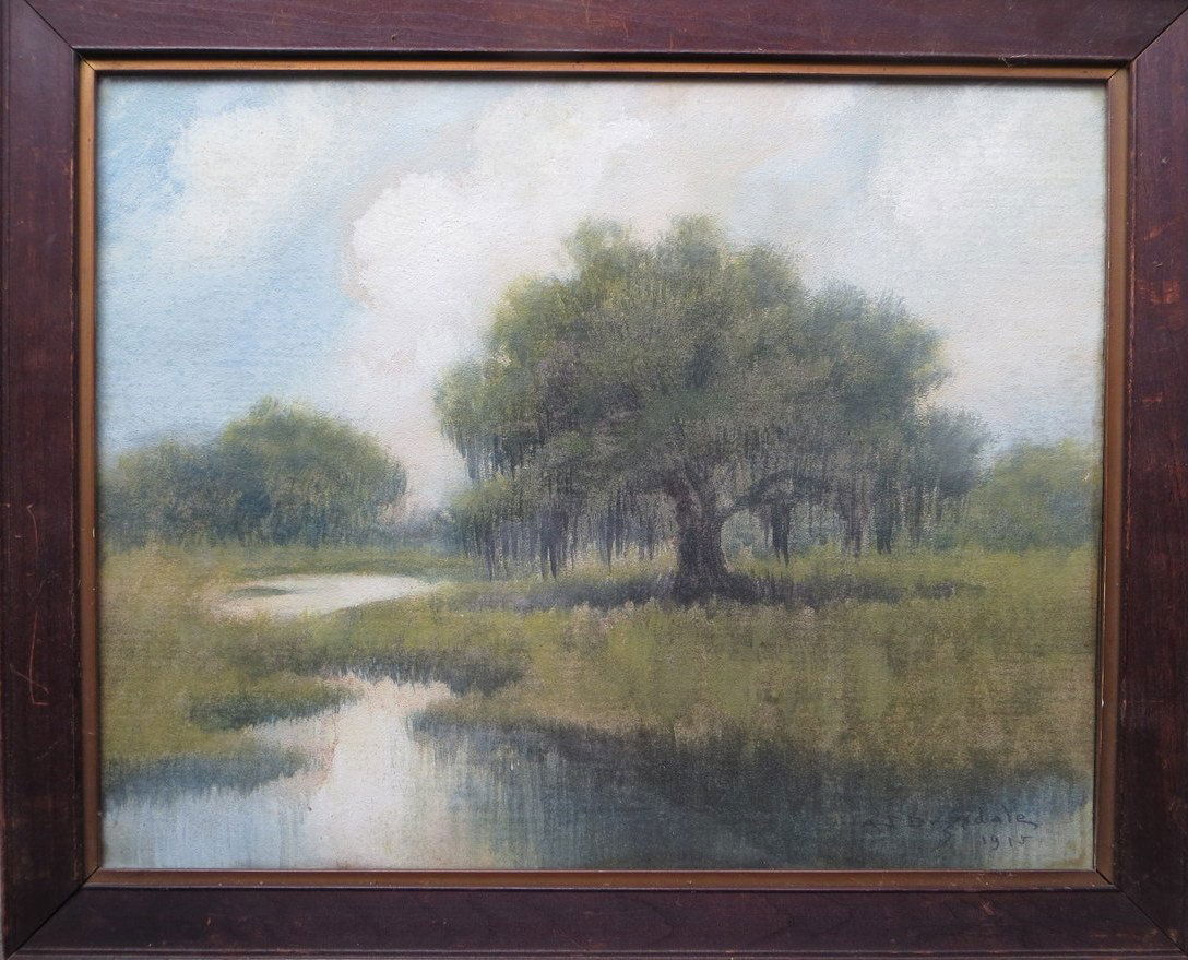 A.J. Drysdale - Impressionist W/C of Louisiana bay: A.J. Drysdale - Impressionist W/C of Louisiana bayous signed A.J. Drysdale 1915 ( Alexander John Drysdale, Louisiana 1870-1934). Mounted in original frame. 15.75" x 20.25". Clouds appear to be gouache