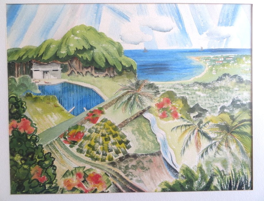 Louise Morris W/C of Jamaica + other W/C: Louise Morris - Two W/C's of Jamaica, one with post card attached indicating scene of Ocho Rios, Jamaica and signed Louis Morris (Louise Morris, Maryland 1896 - 1971), the other signed Allarian Bryson