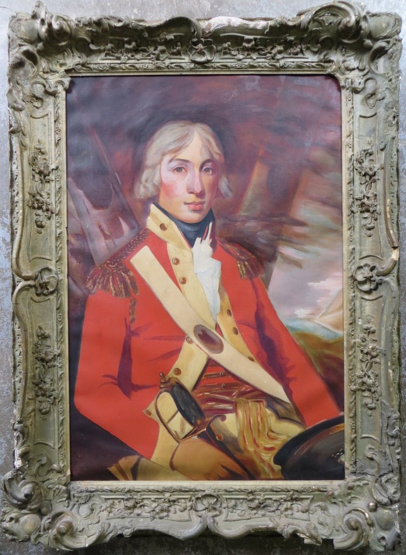 Large O/C portrait of Revolutionary War English so: Large O/C portrait of Revolutionary War English soldier in red coat - painting probably mid-20th century but framed in a very fine 19th century gesso frame. Painting 23" x 33.5" - opening of frame 24"