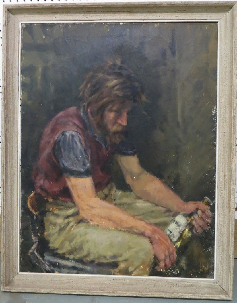 O/C Portrait of depressed looking man holding beer: O/C Portrait of depressed looking man holding beer bottle. Signed David Hyde (David Hyde, VT 20th century). Circa 1930. 27.75" x 36"