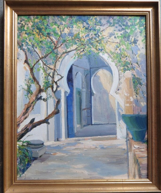 O/B Trees near architectural doorway - A.L. Gaul.: O/B Trees near doorway leading to gothic entrance way, signed Arrah L. Gaul (Arrah Lee Gaul, PA 1883-1980). 16" x 20". Stamped on reverse "Frome the Estate of Arrah Lee Gaul" - also titled on reverse 